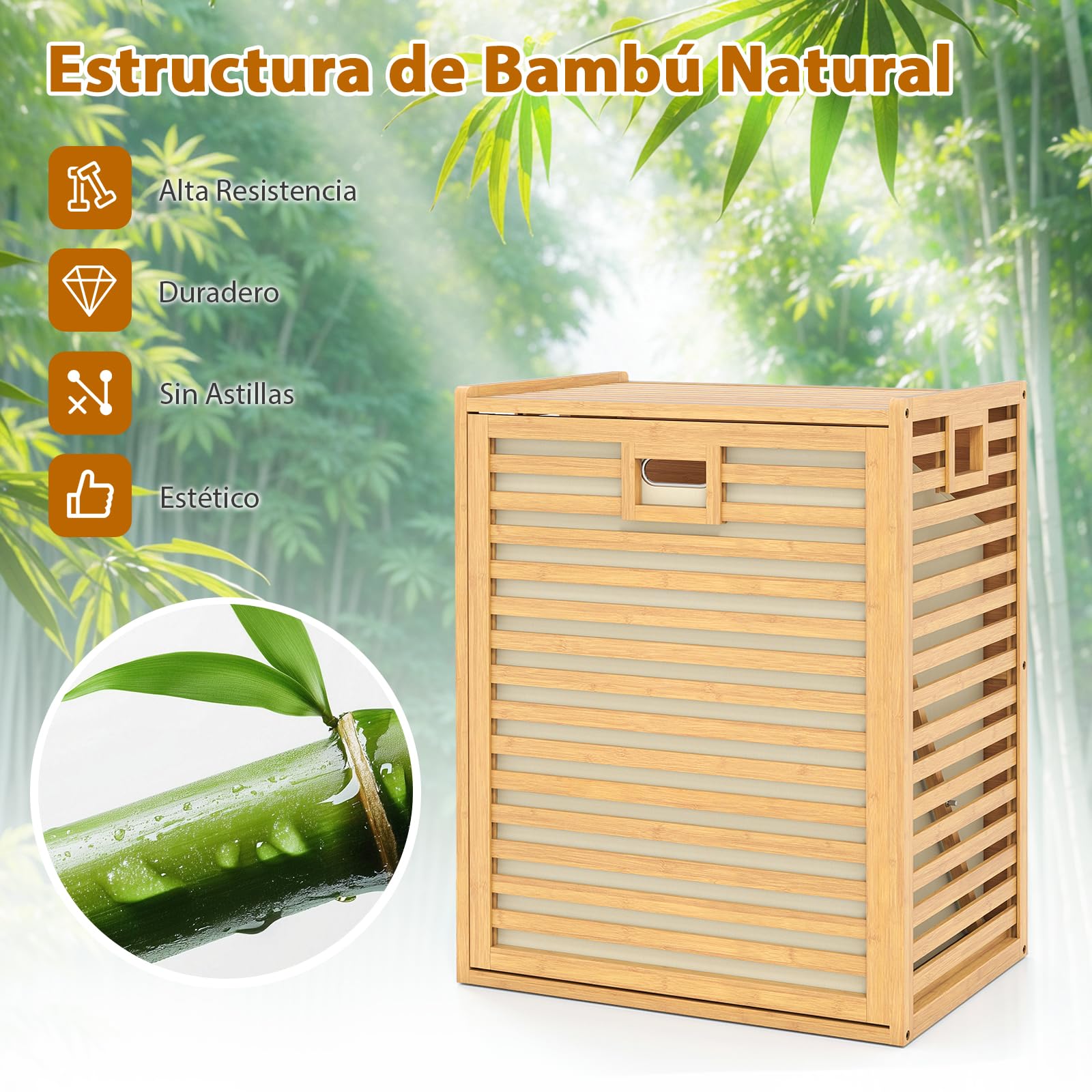 GIANTEX Armario de Lavandería de Bambú, Cesto para Colada de Tela Extraíble, 50 x 35 x 64 cm, Armario para Ropa Sucia con Asa, Mueble Organizador para Baño, Lavandería