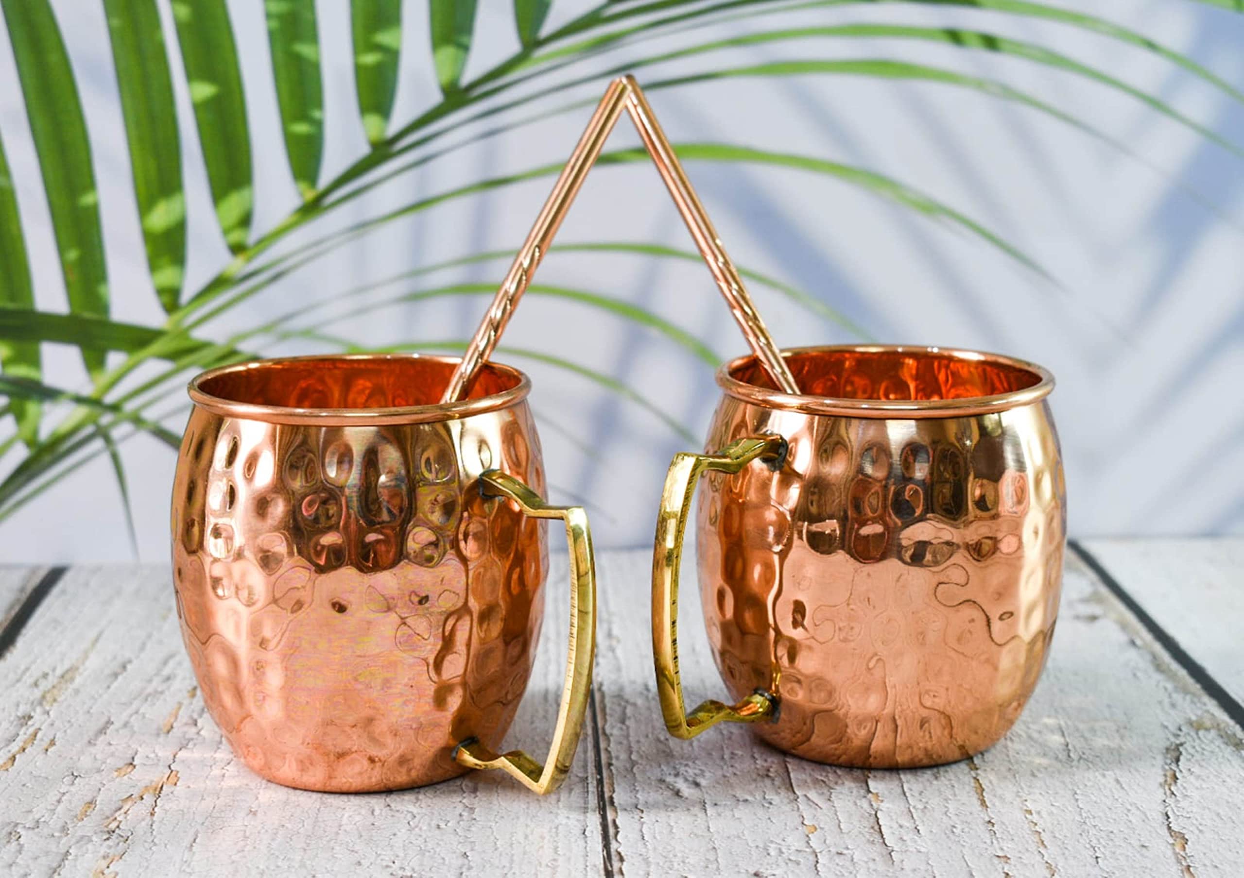 India House - Moscow Mule 16 oz Cup Set, Set of 2 Hammered Mug - Brass Handle (2 Coaster, 2 Straw Free), 4 x 3.5 inch