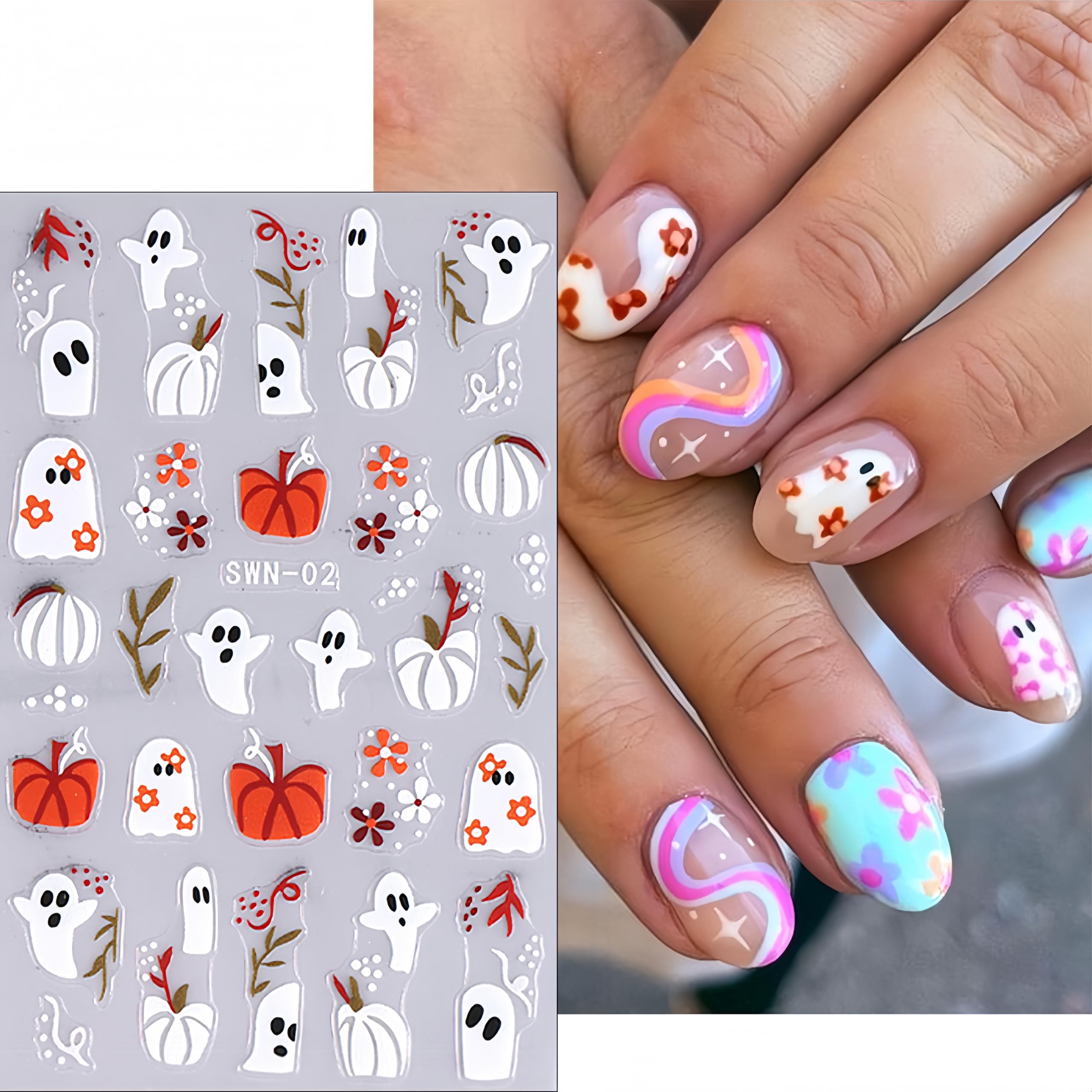 4 Sheets Halloween Nail Art Stickers Ghost Pumpkin Spider Web Nail Stickers Self-Adhesive Cute Head Ghost Pumpkin Mummy Design Nail Decals Halloween DIY Manicure for Women Girls Holiday Decoration