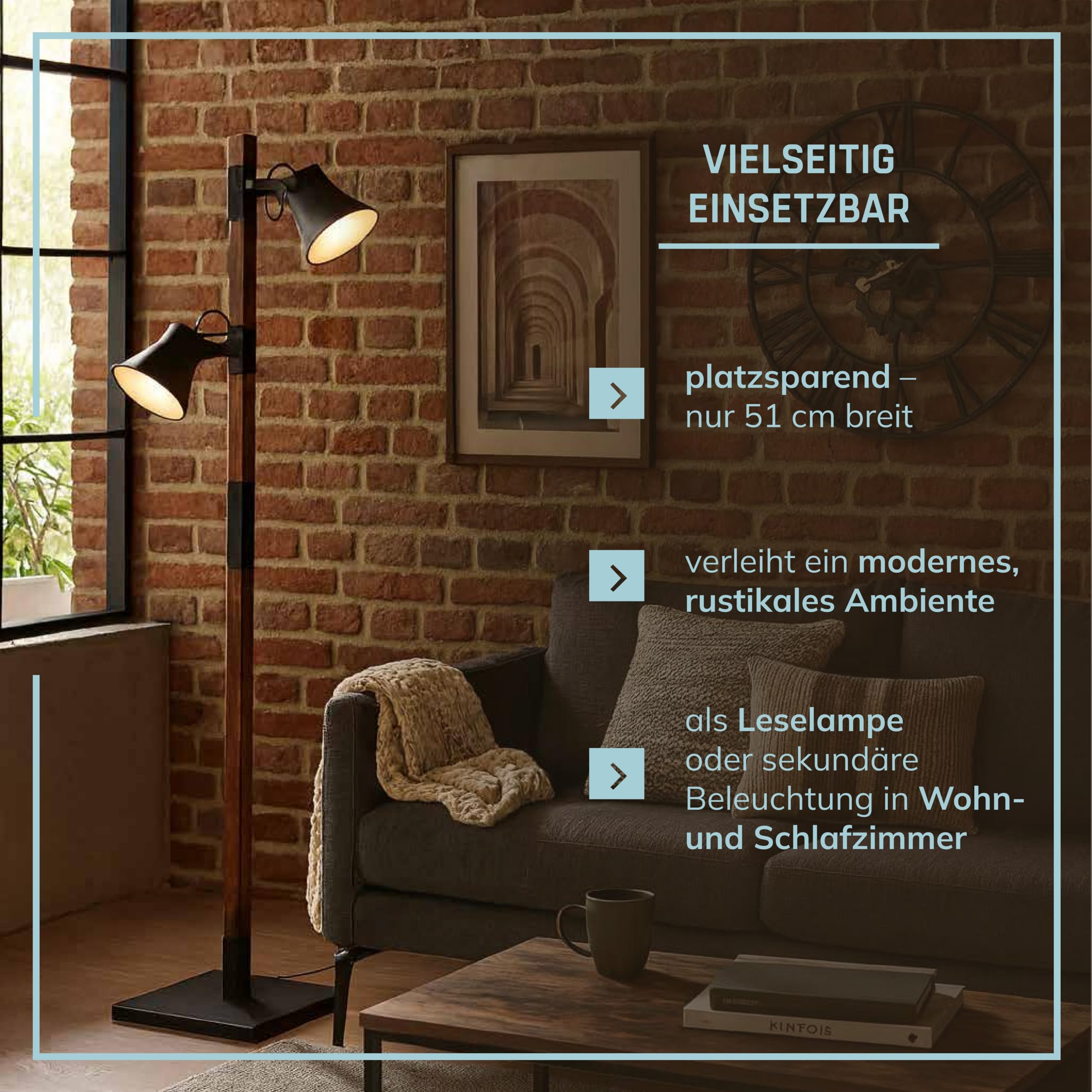 Lightbox Stehlampe im Industrial-Look - Standleuchte 2-flammig - 154cm Lampe für Wohnzimmer, Schlafzimmer & Esszimmer - E-27 Fassung exkl. LED