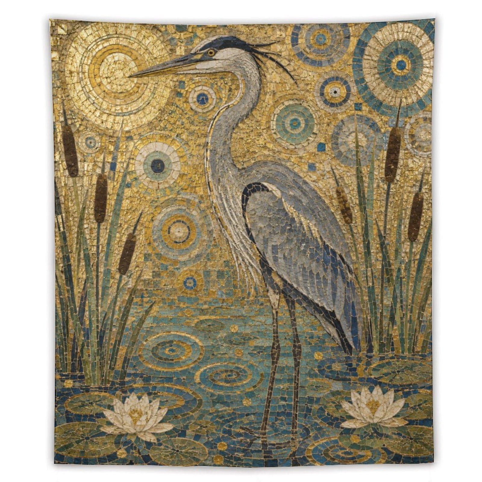 W7C8U2X3 Heron and Lotus Wall Tapestry, Mosaic Style, Mosaic Art