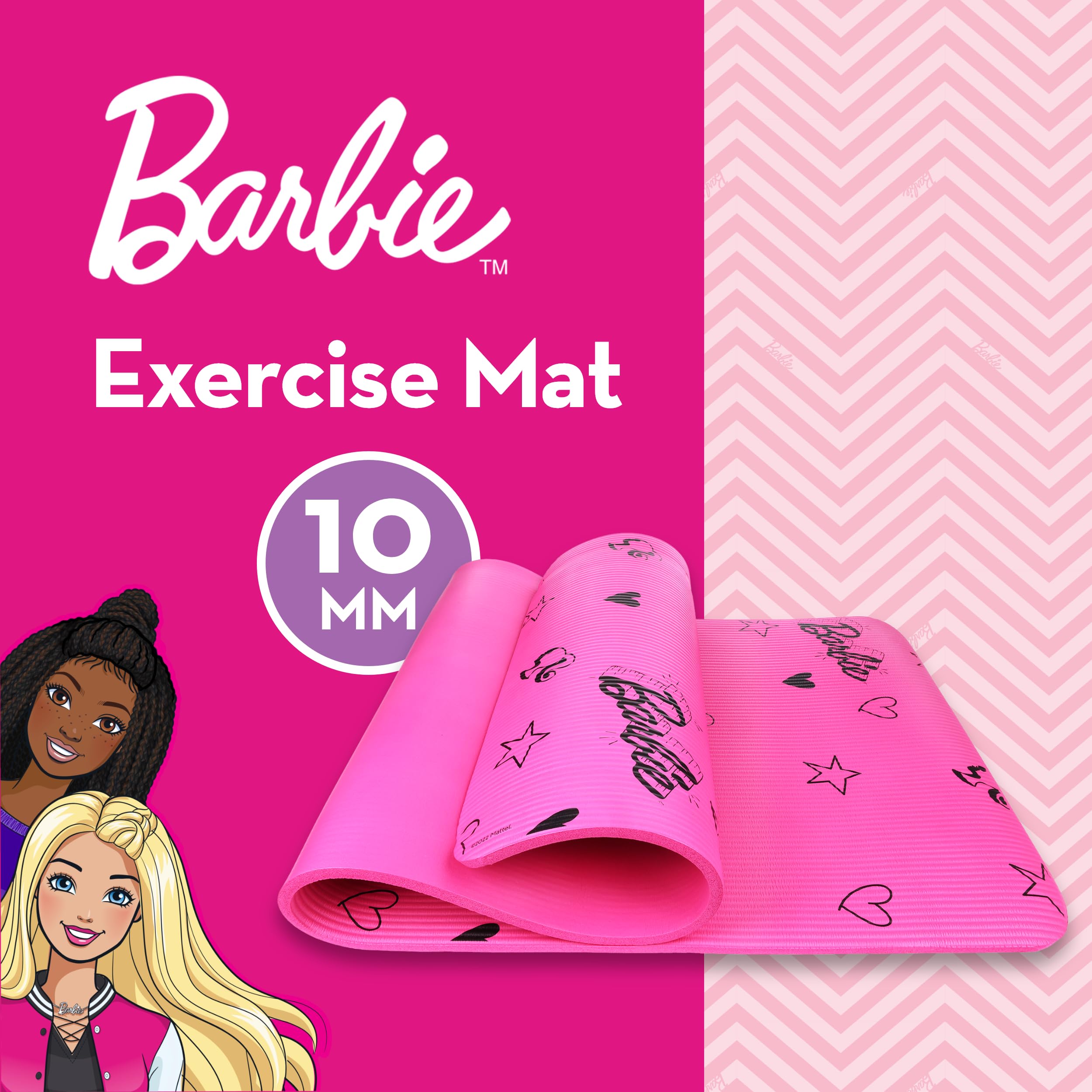 Barbie Love Out Loud Kids Yoga Mat Non Slip for Boys and Girls, All Purpose, PVC, Fitness and Workout Accessories, Pink, 10 mm