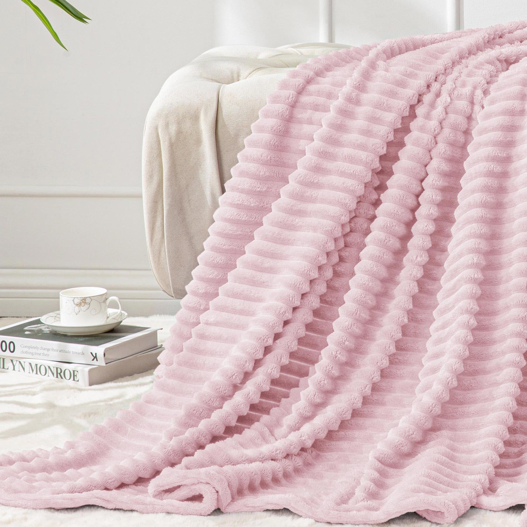 BEDELITE Ribbed Cherry Blossom Fleece Throw Blanket for Couch, 50x60 Inch | Soft Warm Decorative Fluffy Blanket, Cozy Plush Lightweight Fuzzy Throw Blanket for Bed Sofa Home Room Decor, Gift for Women