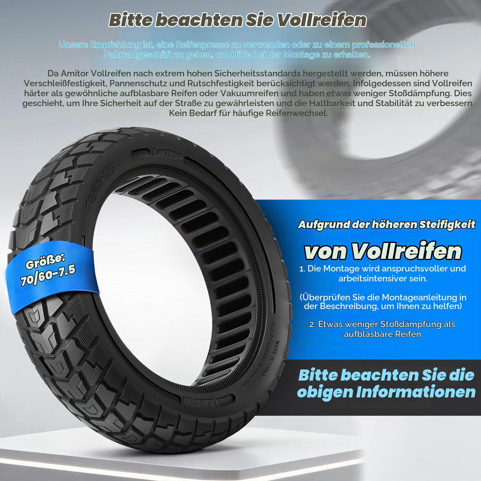 70/60-7.5 Reifen Vollgummi Offroad für Segway ZT3 Pro/Segway-Ninebot MAX G3 Reifen E Scooter Vollgummi 11 Zoll 70/60-7,5, Abriebfeste & Pannensichere, Wartungsfrei & Langlebig, Schwarz, 1PCS
