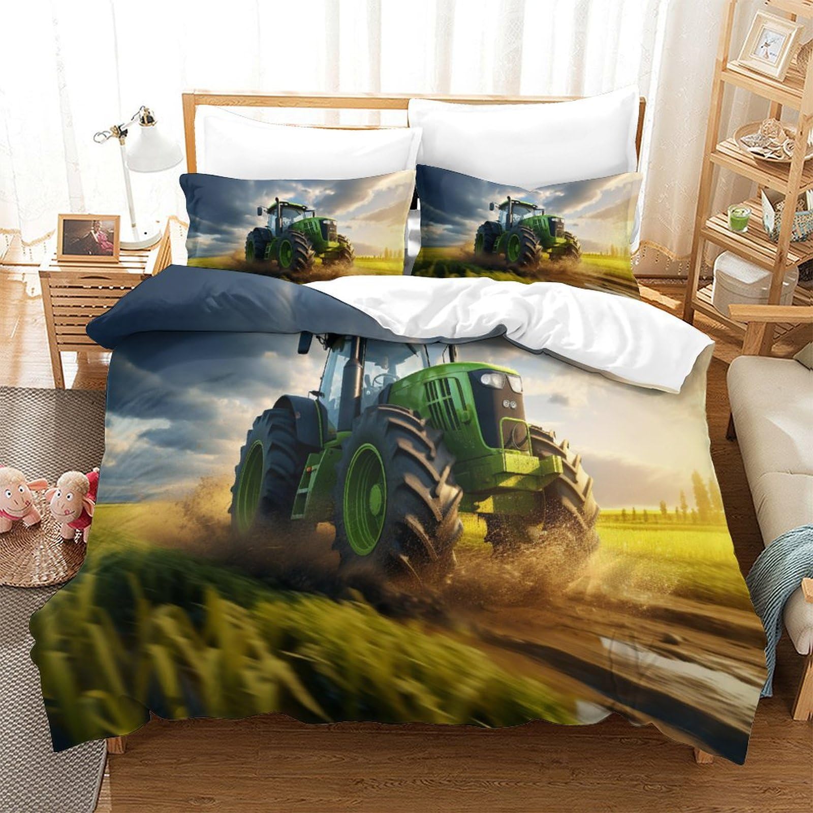 HONGBING Tractor Quilt Cover Duvet Cover for Boys Girls 3D Print Comforter Covers with Pillow Cases Bedding Set Soft Microfiber with Zipper Closure 3 Pieces Super King（260x220cm）