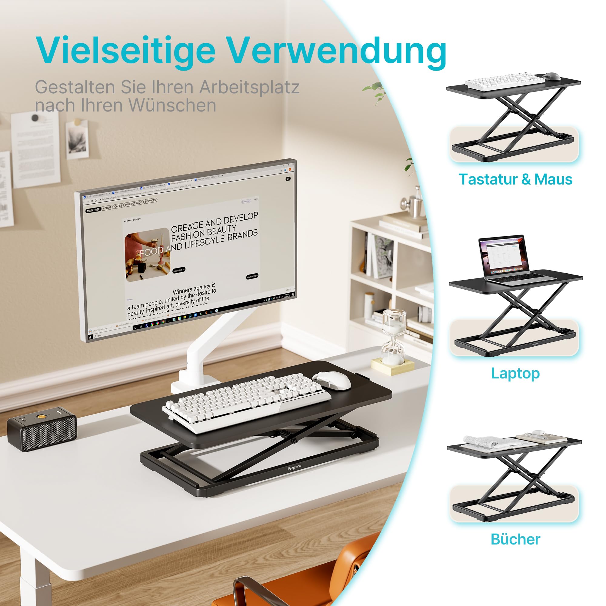 PEGZONE Steh-Sitz Schreibtisch Höhenverstellbar, Ergonomisch Schreibtischaufsatz, 61 x 30 cm Stehpult, Klappbar Laptoptisch, Schwarz