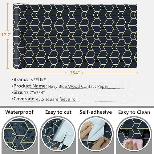 Miniatura 8 de VEELIKE Papel tapiz geométrico azul oscuro dorado de 17.7 x 354 pulgadas para despegar y pegar para dormitorio, papel de contacto geométrico