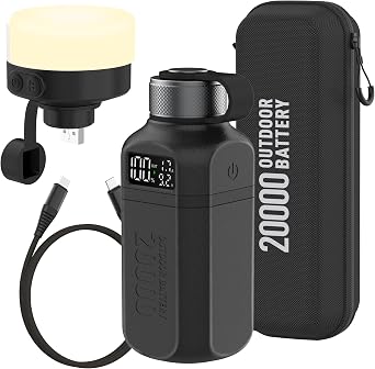 20,000mAh Rugged Power Bank with Fast Charge USB-C PD, IP68 Waterproof Shockproof, Includes 420lm Bright Camping Lantern, Tactical Outdoor Charger for Hiking Camping Survival EmergencyBlack