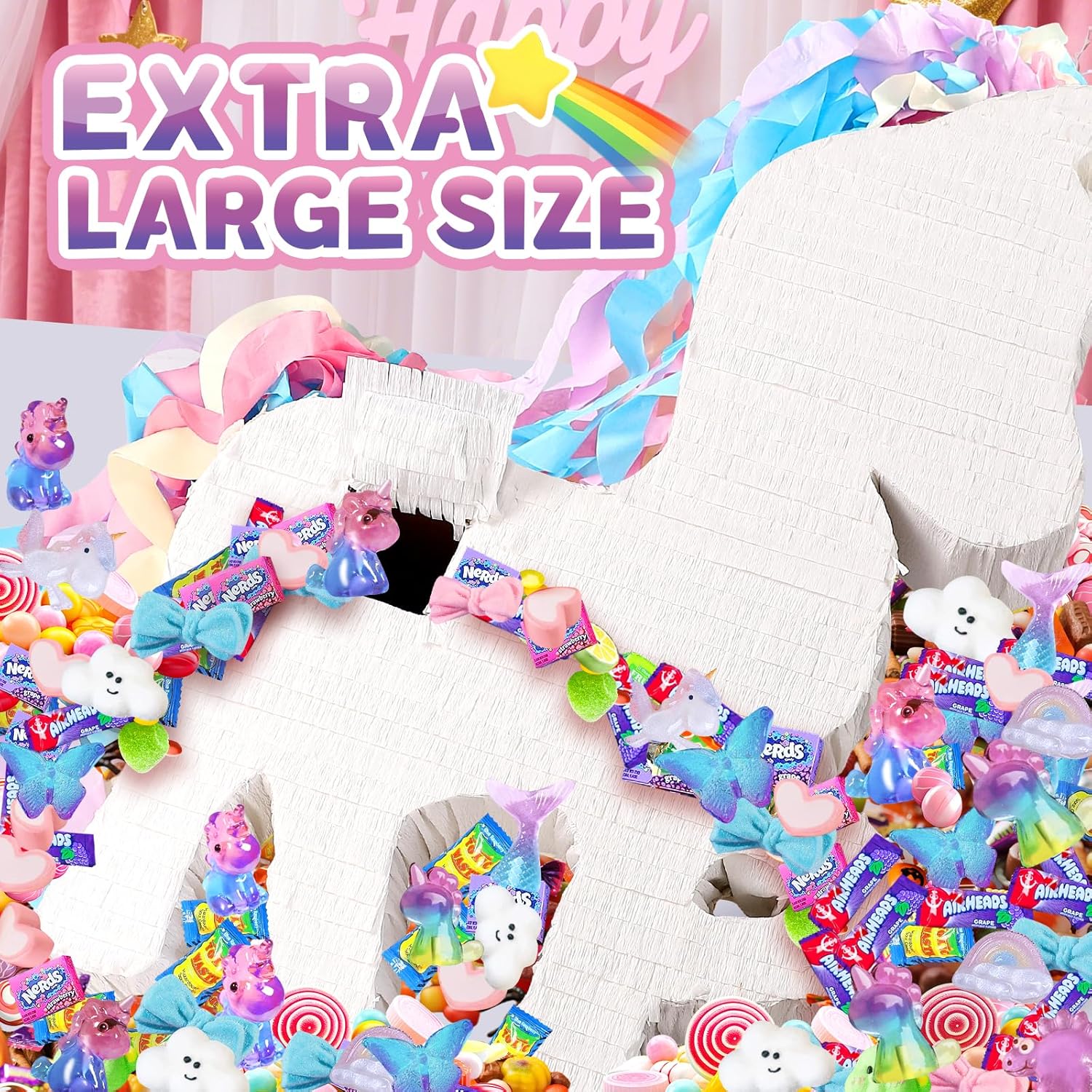 24" Large Rainbow Unicorn Piñata for Birthday Party, Large Magical White Unicorn Party Decorations with Gold Horn, Paper Mache Pinata for Candy Fillers, Pull String/Hit Game for Kids Girls Teens