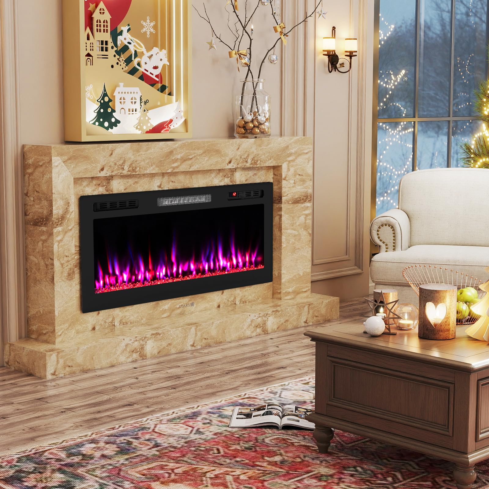 GOPLUS Cheminée Electrique avec Effet Flamme, Chauffage 750W/1500W avec Écran LED, 12 Couleurs de Flammes, Minuterie 12 H, Fausse Cheminée Montage Mural et Encastré, Télécommande pour Salon