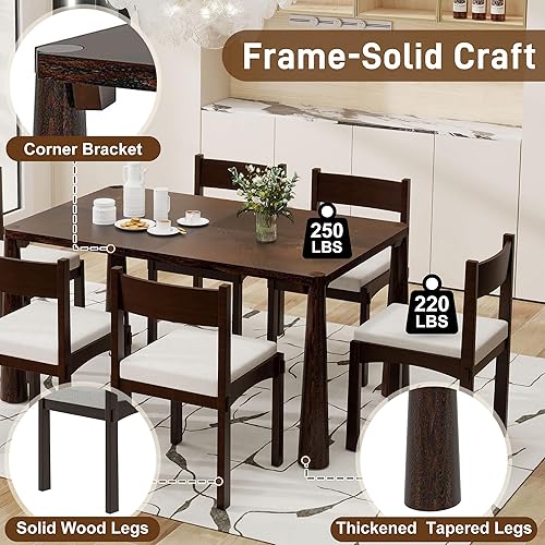 Miniatura 7 de CITYLIGHT Juego de mesa de comedor de cocina de 7 piezas, mesa rectangular de madera maciza con 6 sillas tapizadas, juego de comedor de estilo retro