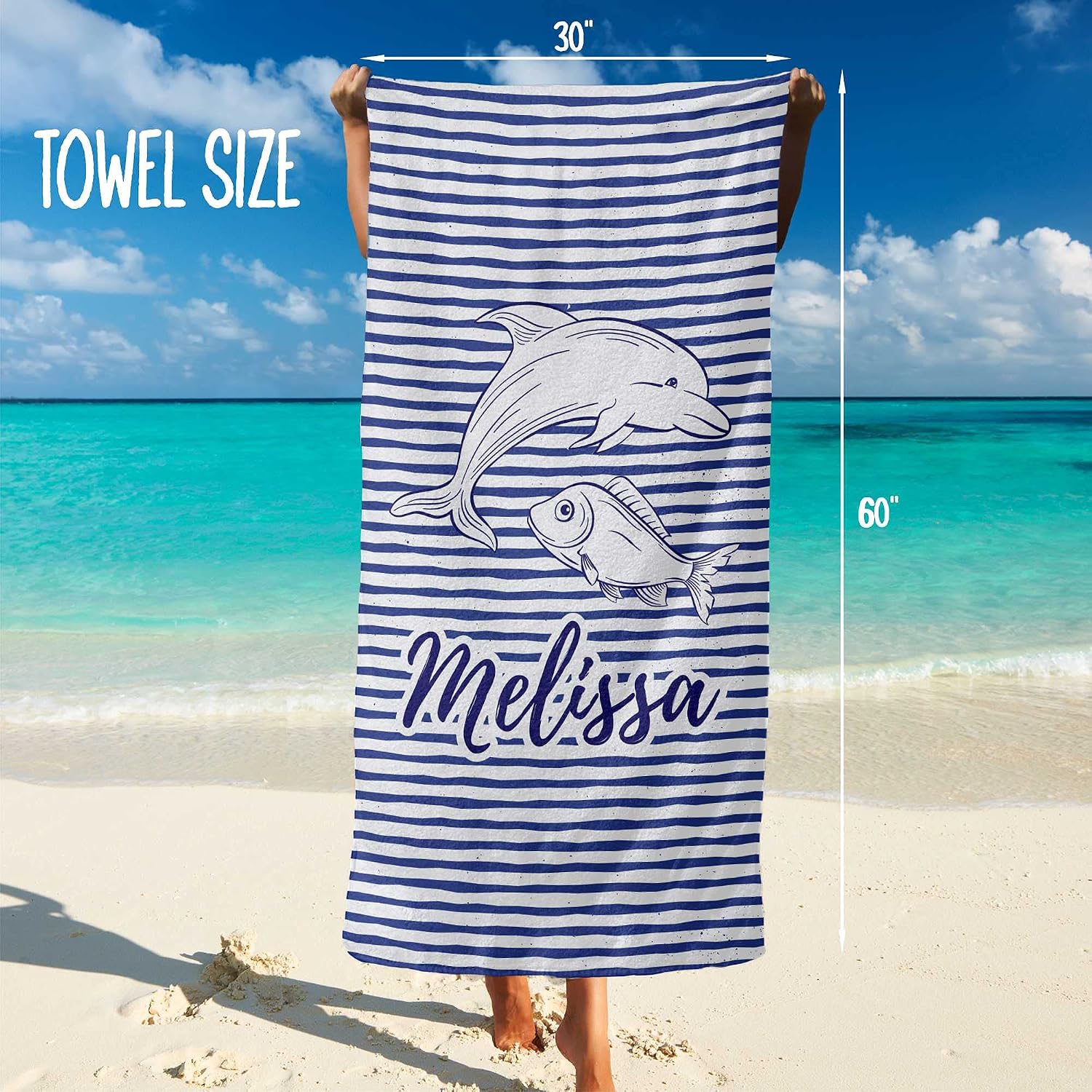Custom Beach Towels with Names, Personalized Beach Towel Sand Free, Dolphin Beach Towel for Kids Adults Men Women Teens, Striped Beach Towels 30x60, Monogram Pool Towels, Cute Beach Towels T34