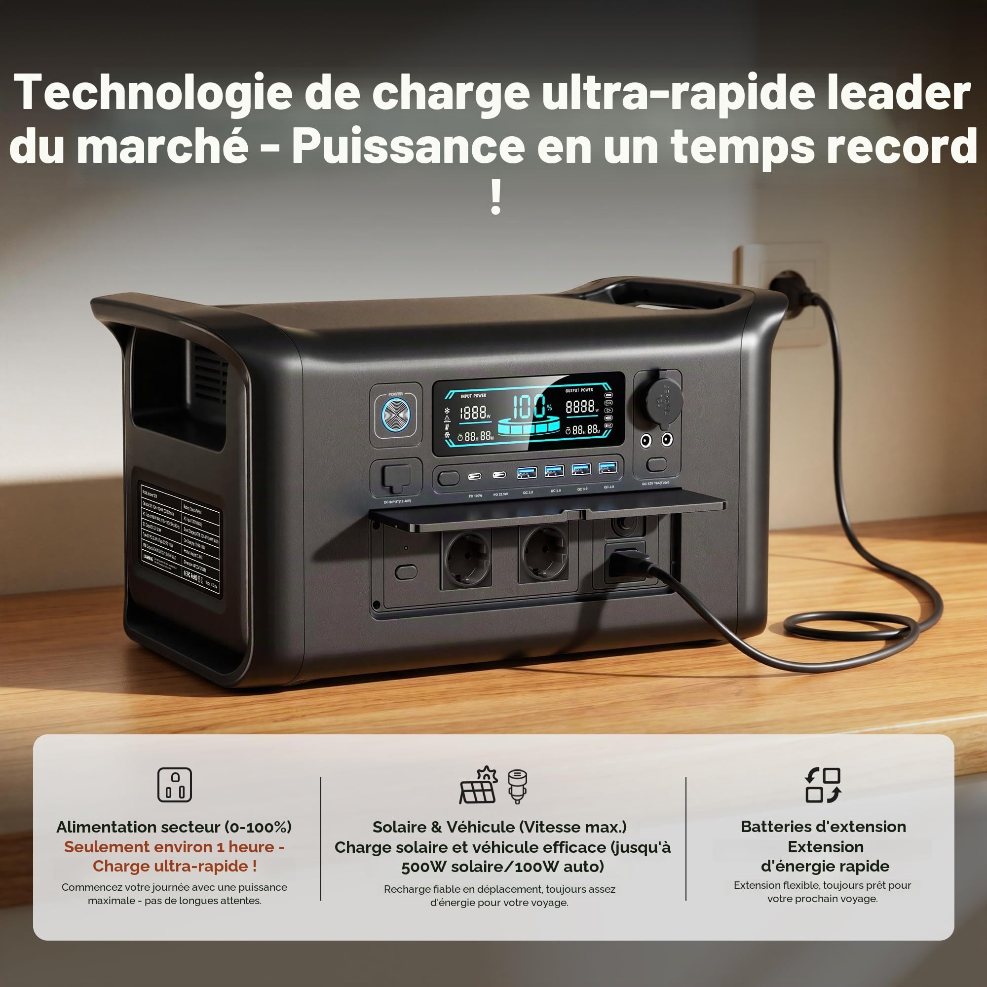 AP1000 Generateur Electrique Portable, 1024Wh Batterie LiFePO4 Station électrique, Recharge de 0-100% en 70 Min, CA 1800W 220V Groupe Electrogene Solaire pour Camping, Voyage Maison/Bureau