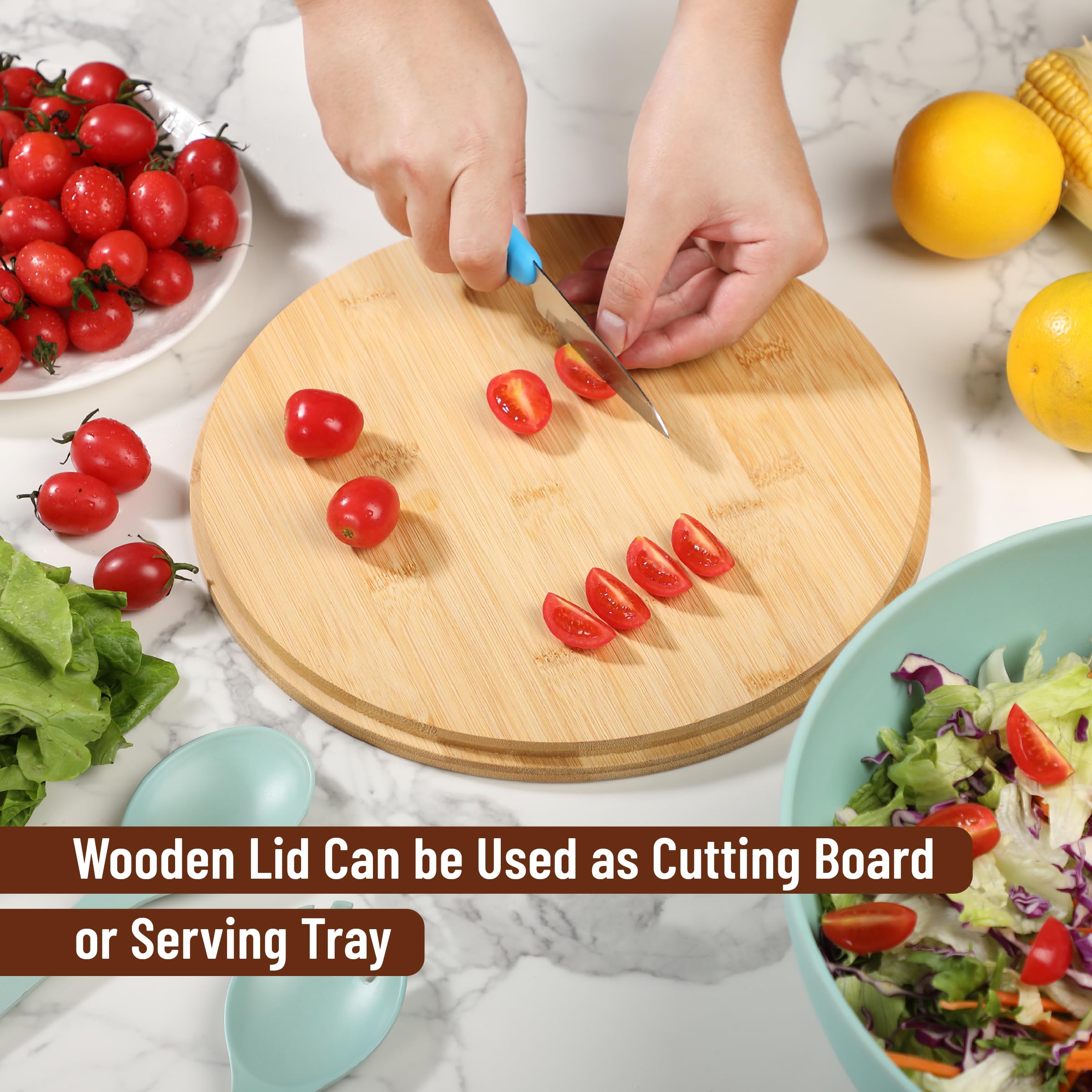Juego de cuencos para servir ensalada con tapa de madera y utensilios, 6.5 cuartos de galón, cuenco de ensalada de fibra de bambú con servidores para cocina, cuenco de color turquesa