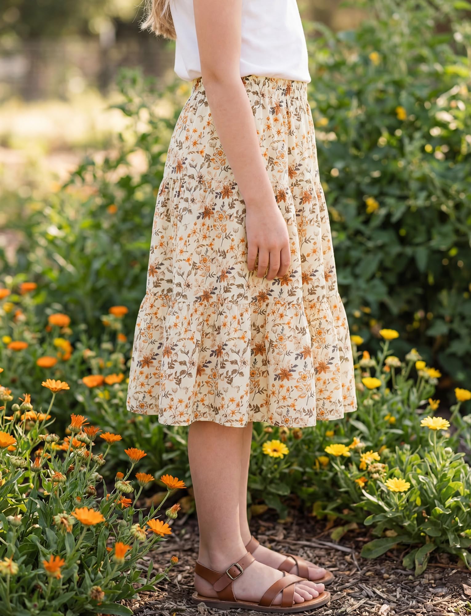 Maxi gonna floreale da ragazza, stile boho, linea a trapezio, elastica, a vita alta, gonna lunga, per vacanze estive e vacanze 8-13 anni