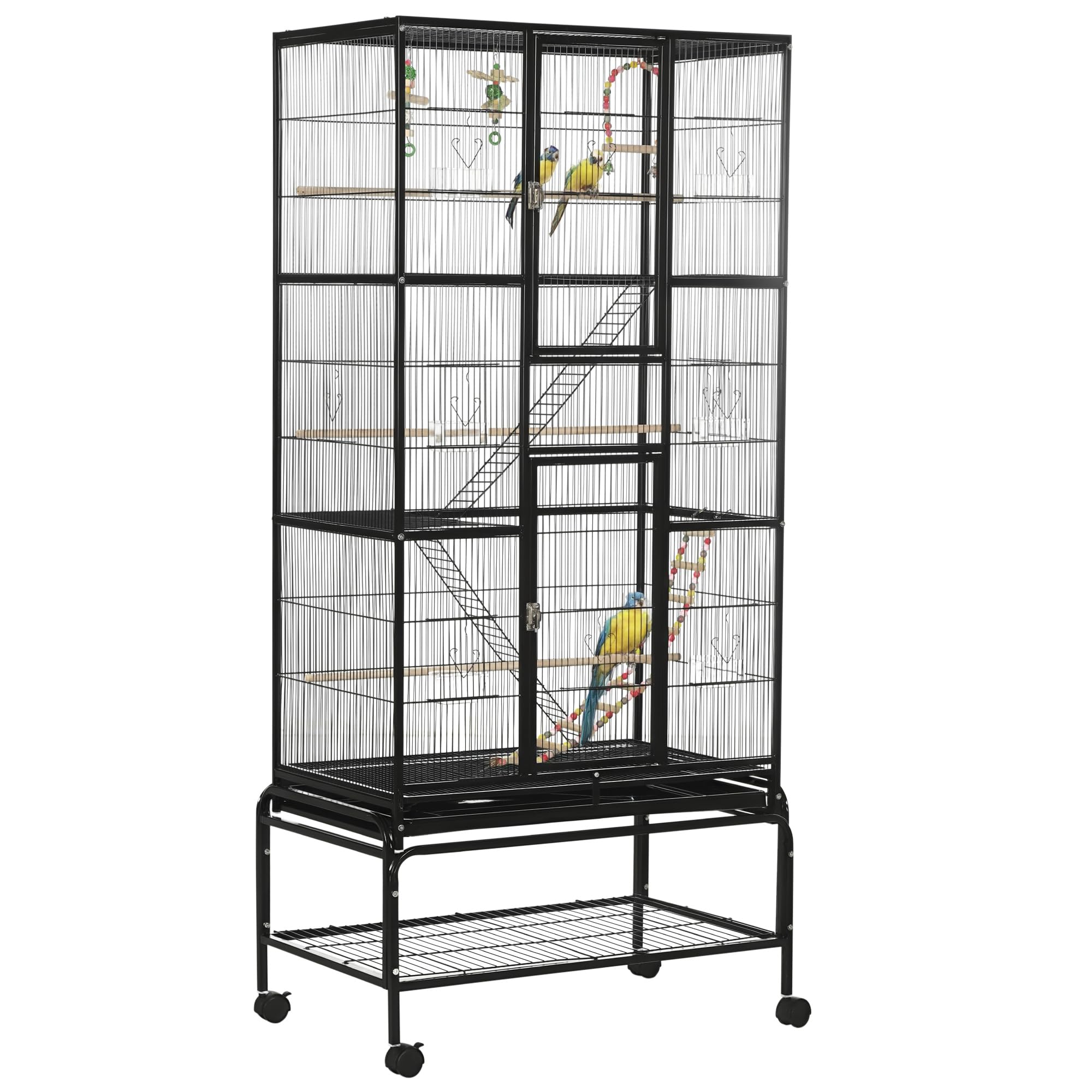 PawHut Jaula para Pájaros con Ruedas Pajarera Metálica con Bandeja Extraíble 4 Puertas 4 Comederos 4 Perchas y Estante de Almacenaje Jaula para Canarios Periquitos 78x52x132 cm Blanco — view 14