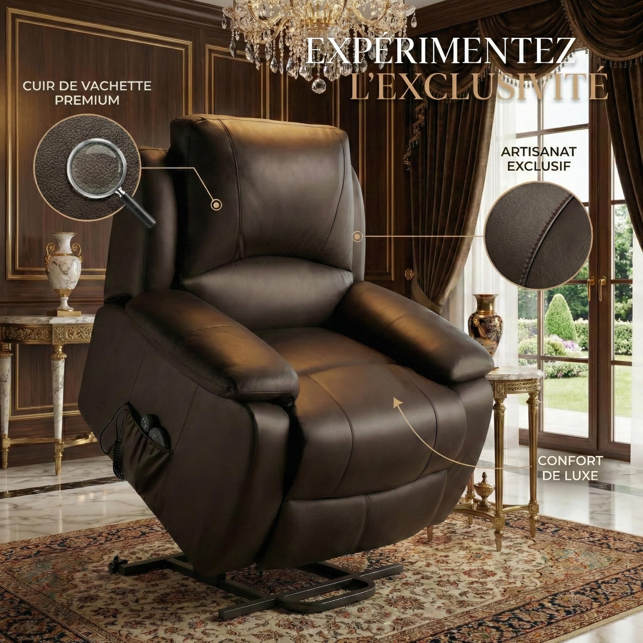 ECODE Fauteuil Releveur Électrique en Cuir de Vachette avec Massage et Chaleur Lombaire - Inclinaison 160° et Fonction Aide au Lever - Relax Idéal pour Personnes Âgées