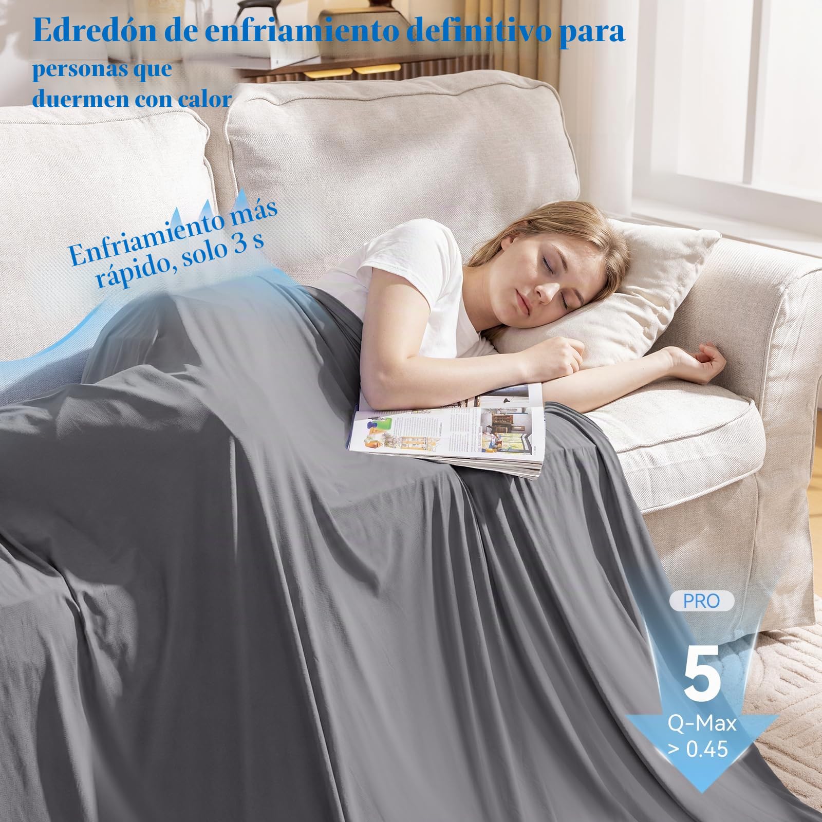 Enfriamiento de Verano, Manta refrescante para Sudores nocturnos, Japonesa Q-MAX> 0,45, Manta de Verano para Cama, sofá, Silla, Viajes, para Dormir Caliente, Texturizado-Gris, 127 x 152 cm