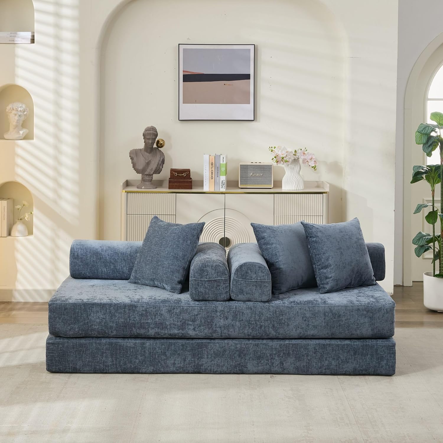 78" Pull Out Chenille Sofa Bed, Folding Couch Bed with Removable Backrest, Foldable Mattress with 3 Throw Pillows for Apartment, Living Room, Bedroom, Blue