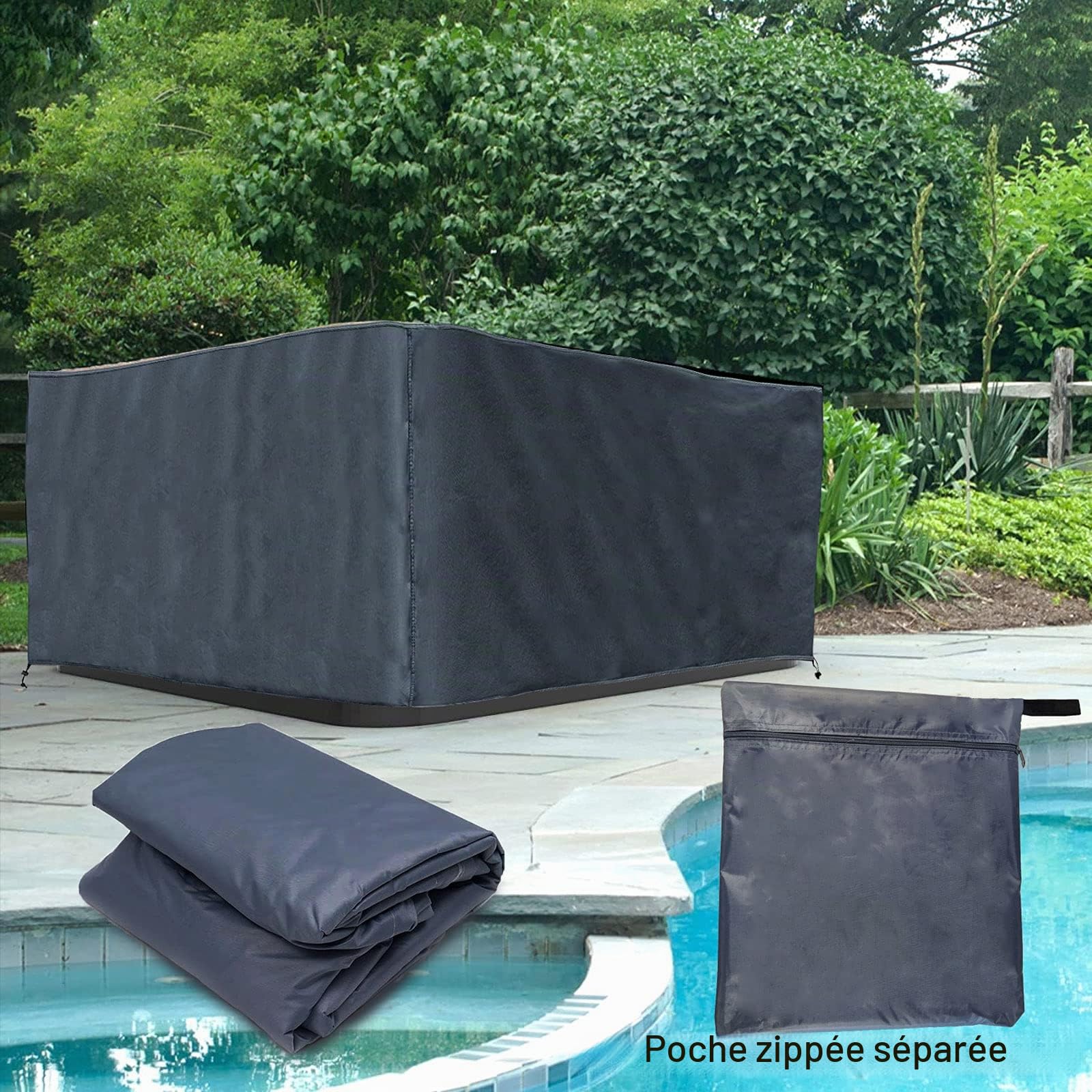 Housse de Protection pour Bain à Remous de Jardin - 220 x 220 x 85 cm - Carré - en Oxford 600D - Protector-Spa - Imperméable, Anti-poussière, Anti-UV, Coupe-Vent, Gris.