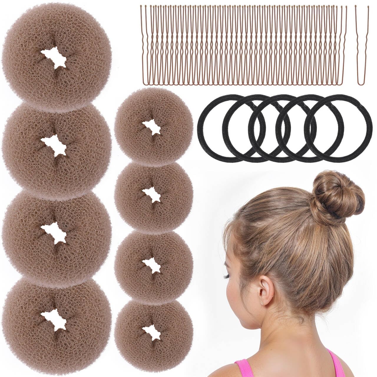 FANDAMEI Donut Bun Makers- 4PCS Extra Small 4 PCS Small Hair Bun Maker for Kids, Ballet Bun Donuts for Hair, with 5 Elastic Hair Ties and 40 Pins (Tan