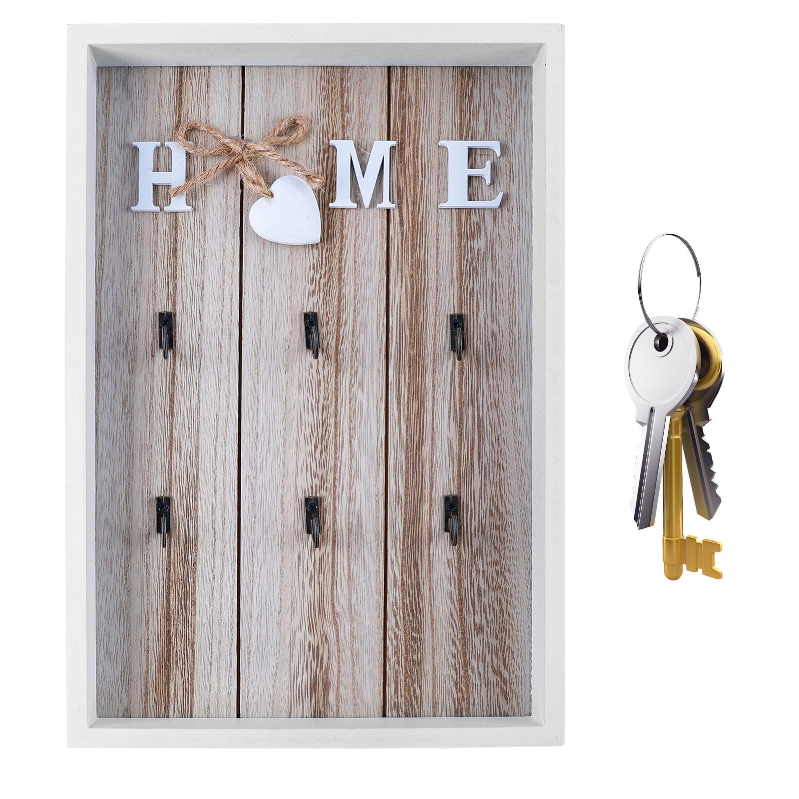 Colgador Llaves Pared de Madera, 30 x 20 cm Soporte para Llaves de Pared con 6 Ganchos CCuelga Llaves Home Sin Taladrar