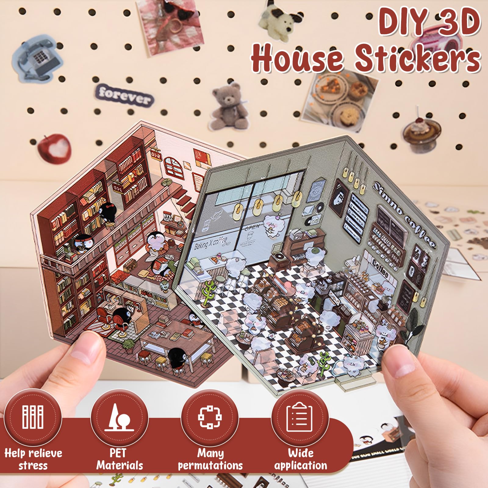 12 piezas DIY 3D House Stickers,Pegatinas decorativas 3D para escenas de casas en miniatura, divertidas pegatinas DIY para la escena para habitaciones pequeñas, Flower House, Café, Bakery Biblioteca
