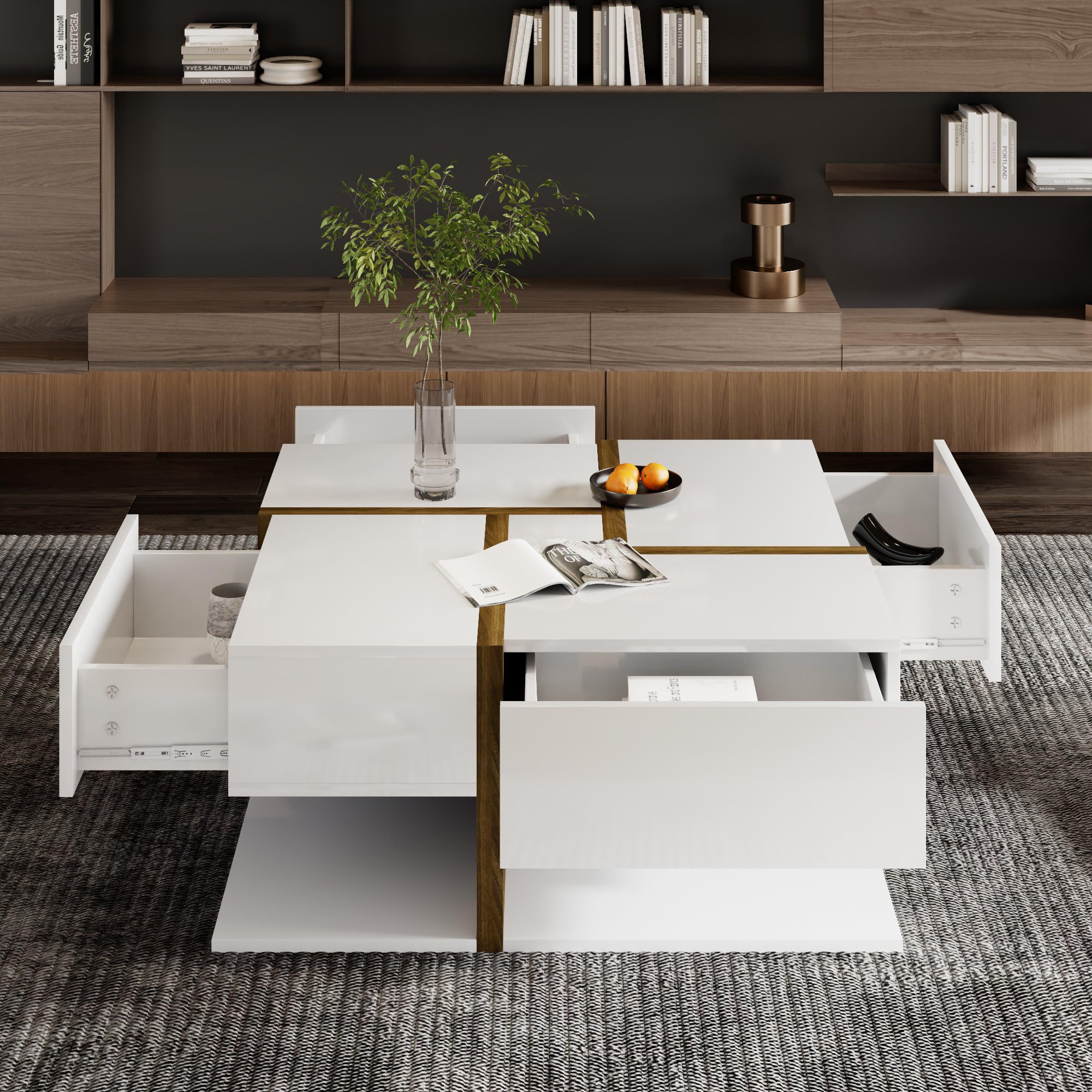 Merax Table basse brillante avec 4 tiroirs et étagère inférieure, design unique de couleur et de lignes, 78 x 78 x 36 cm, blanc et marron