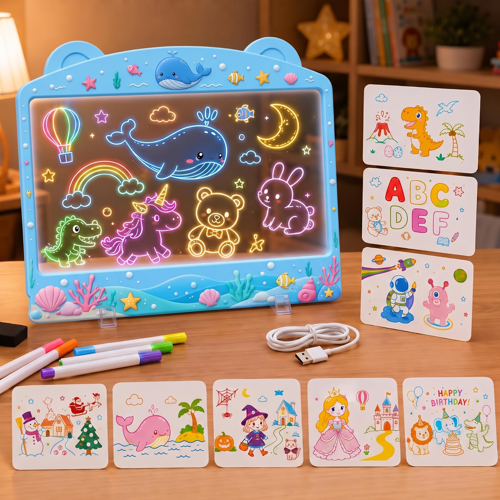 Planche à dessin LED pour enfants, 33 cm, avec 10 modes d'éclairage, variateur tactile, 7 marqueurs et 8 modèles, tableau à dessin en acrylique comme veilleuse et cadeau