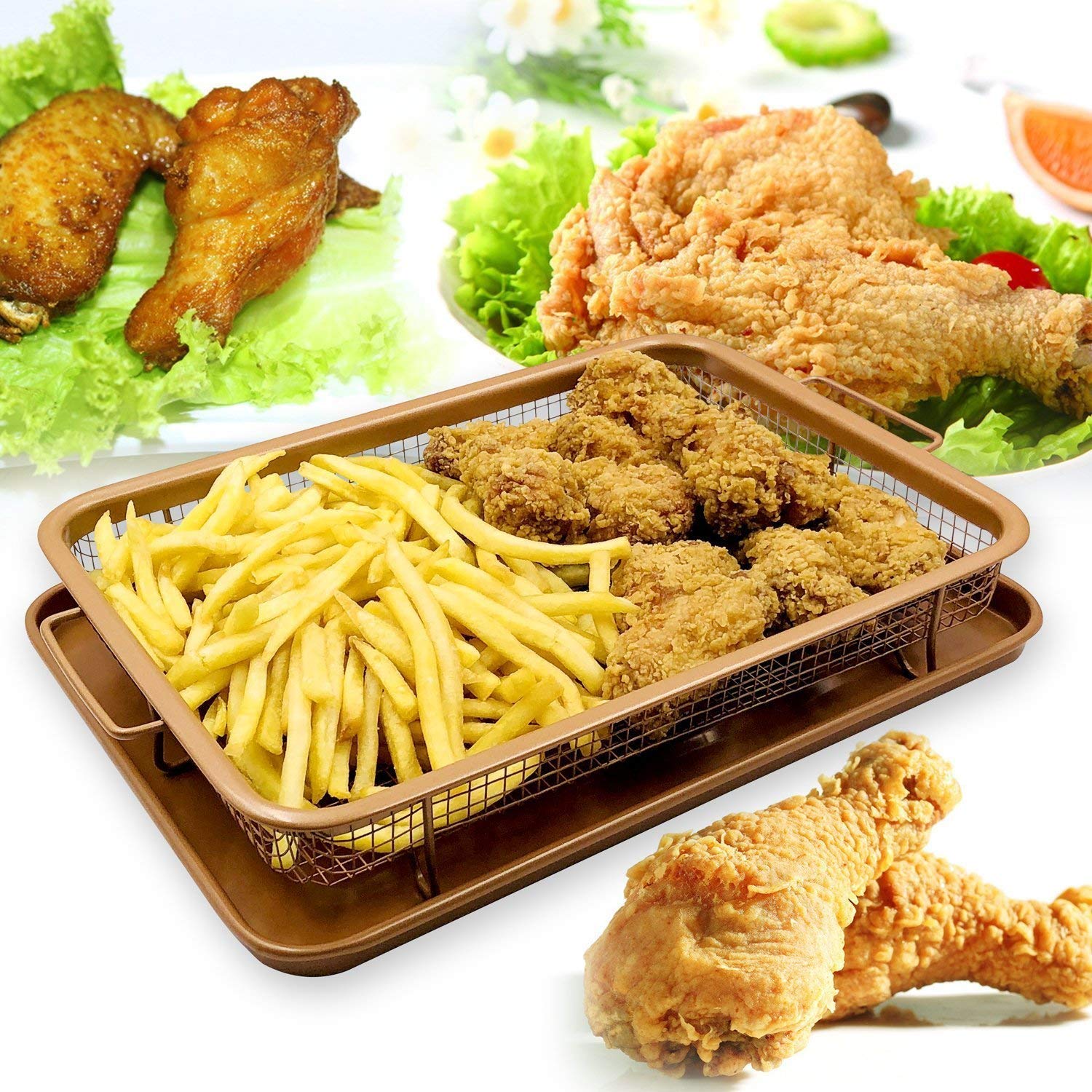 Sohansh Rectangle Copper Crisper Basket & Tray Set | Non-Stick Air Fry Oven Baking Tray for Crisping, Frying & Roasting Without Oil | Mesh Fry Basket for Healthy Cooking 1