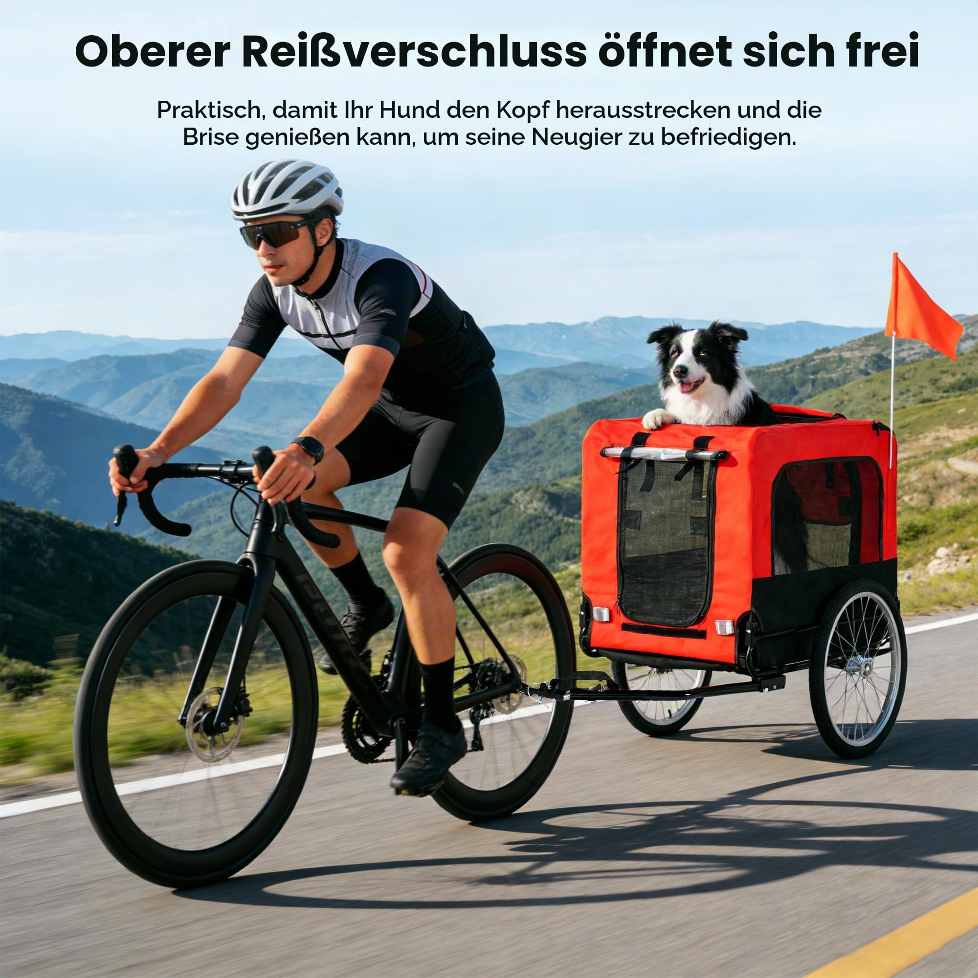 soges Großes Fahrradanhänger für Hunde bis 40 kg Faltbarer Hundefahrrad Anhänger aus 600D Oxford, Atmungsaktiver Mesh Hundefahrradanhänger, Hundewagen mit interner Leine, Sicherheitsreflektoren Rot