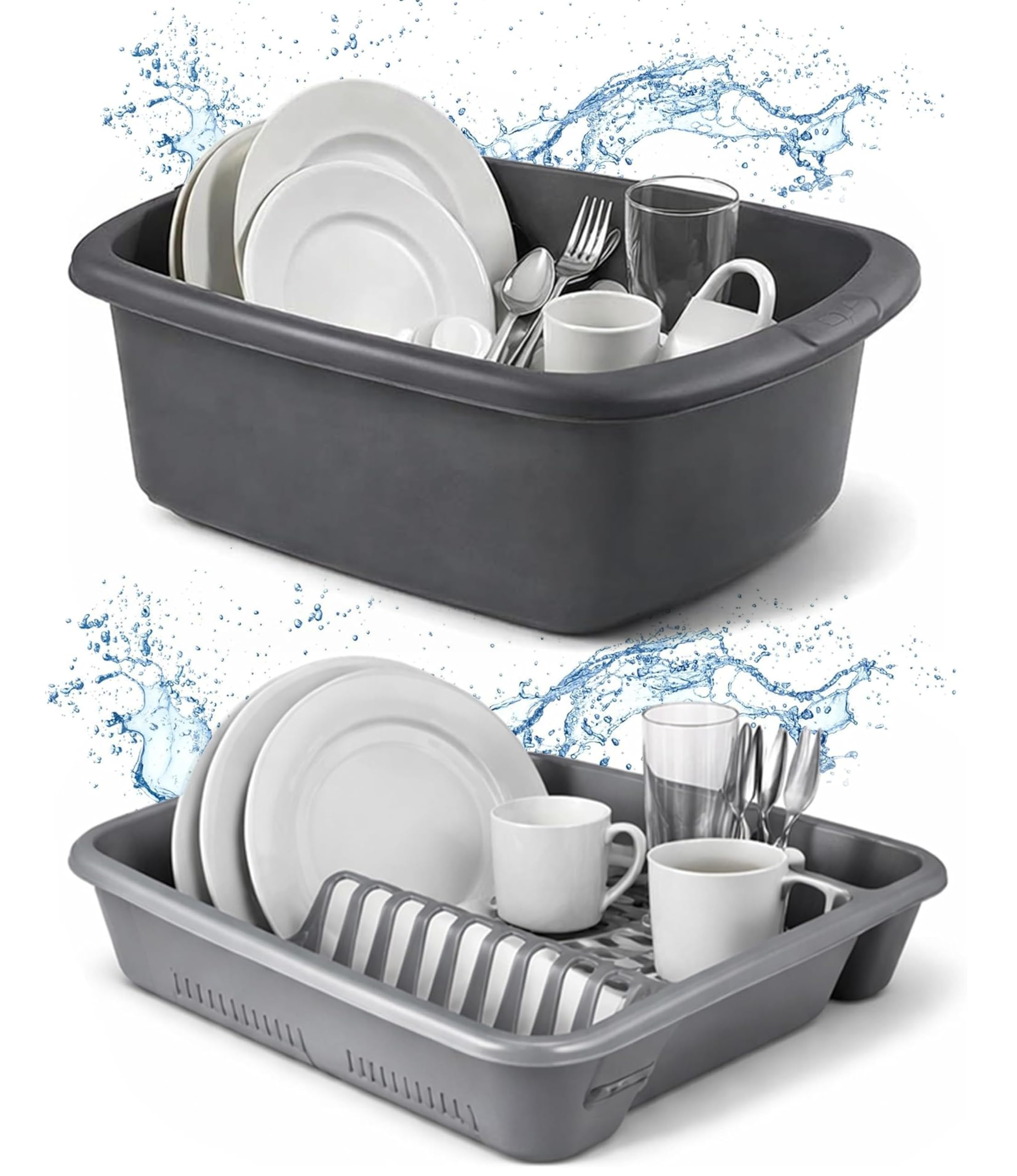 Ploutos World Wide Washing Up Bowl Set of 2 – Plastic Rectangular Plastic Sink Bowl with Dish Drainer, Kitchen Washing Basin, Sink Organiser for Plates, Cups & Cutlery (Grey)