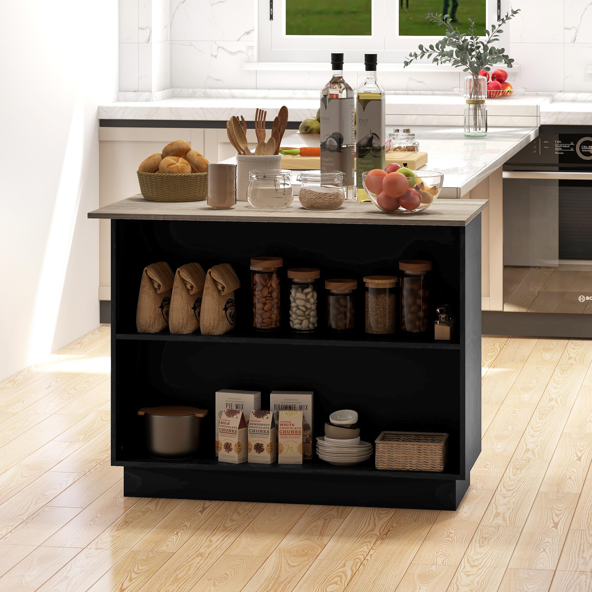 HOMCOM Isla de Cocina Mueble de Cocina con Estantes Ajustables 2 Estantes Abiertos y 2 Puertas Estilo Moderno Carga 100 kg 105x60x82 cm Negro y Roble