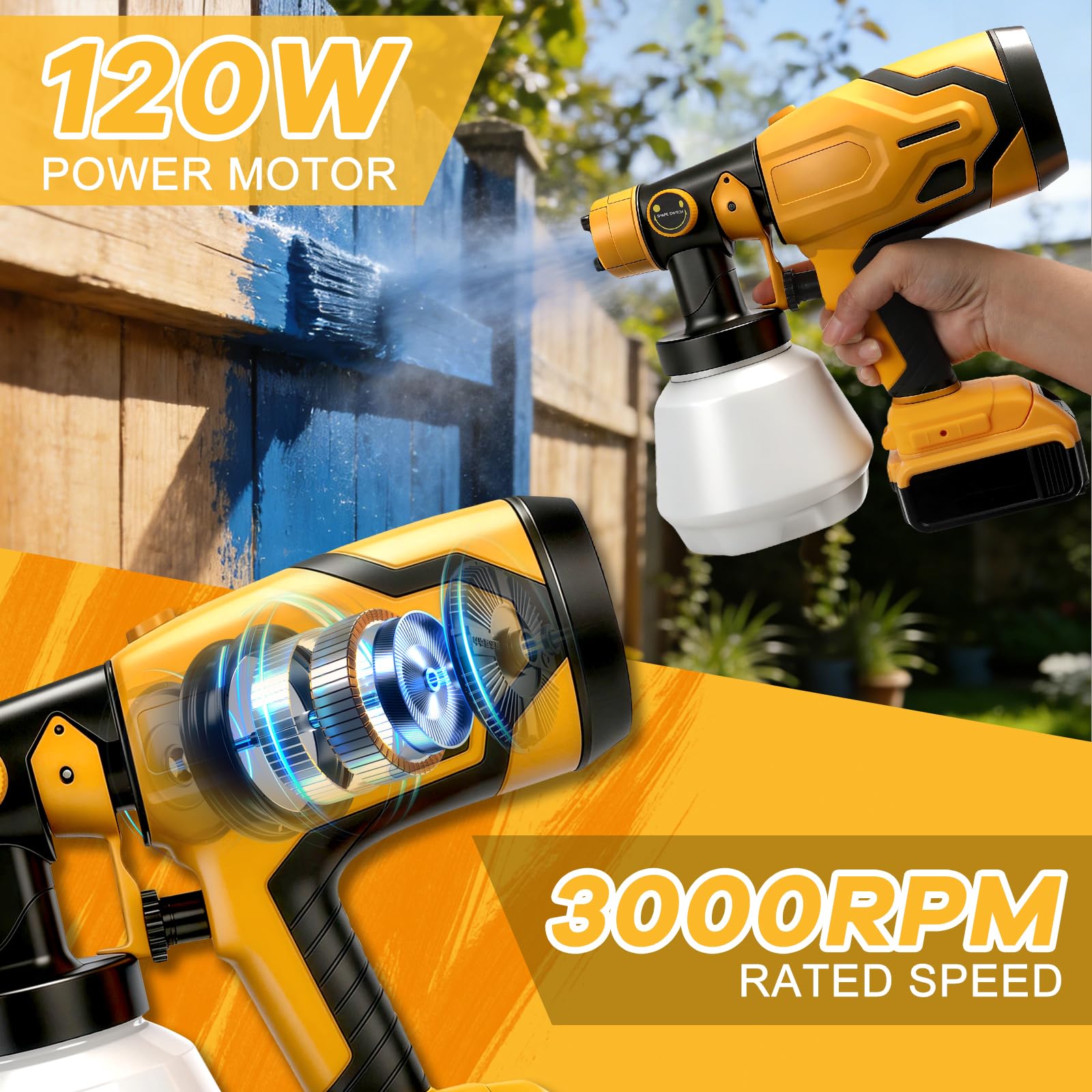 Roadtime Sistema de pulverización de pintura a batería para baterías DeWalt de 20 V (sin batería), pulverizador de pintura de 1000 ml HVLP pistola de pintura con 4 boquillas, pistola de pintura
