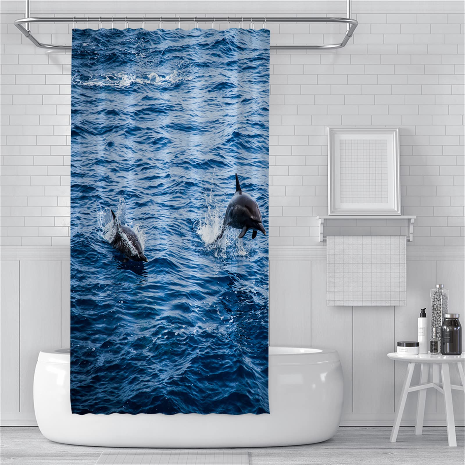 Guofuos Blue Little Dolphin Shower Curtain Mould Proof Resistant Washable Bath Curtains With 12 Hooks And Weighted Hem,Fabric Shower Curtains Outdoor Waterproof Polyester For Bath Tub And Shower,90X180cm