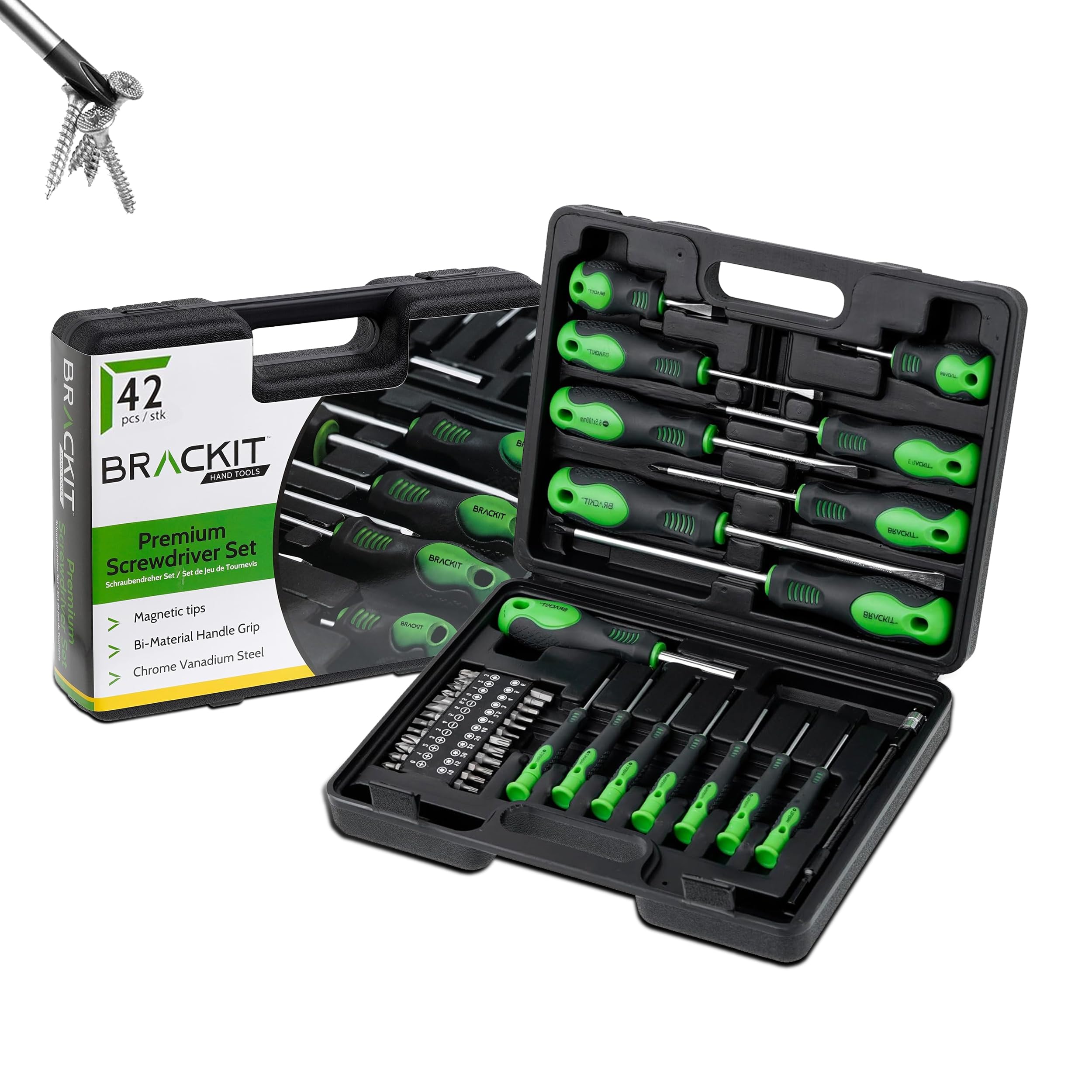 Brackit 42 Pieces Premium Screwdriver Set with Magnetic Tips and Rubber Handles, Including Phillips and Flat Heads in Durable Storage Case