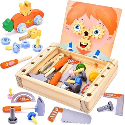 El juego de herramientas de madera para niños pequeños incluye caja de herramientas, juguetes educativos Montessori para niños y niñas de 3 años, el