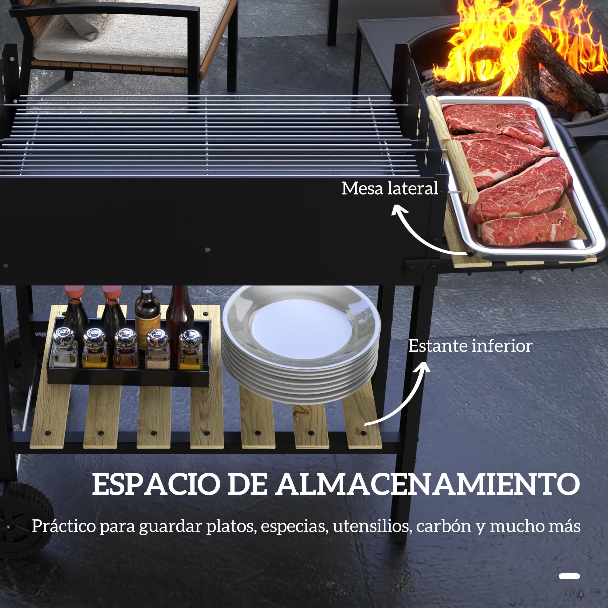 Outsunny Barbacoa de Carbón, Barbacoa Portátil, 113x53,5x82,5 cm, con 2 Parrillas Alturas Ajustables, Mesa Lateral, Estante y Ruedas, para Jardín o Fiesta al Aire Libre, Negro