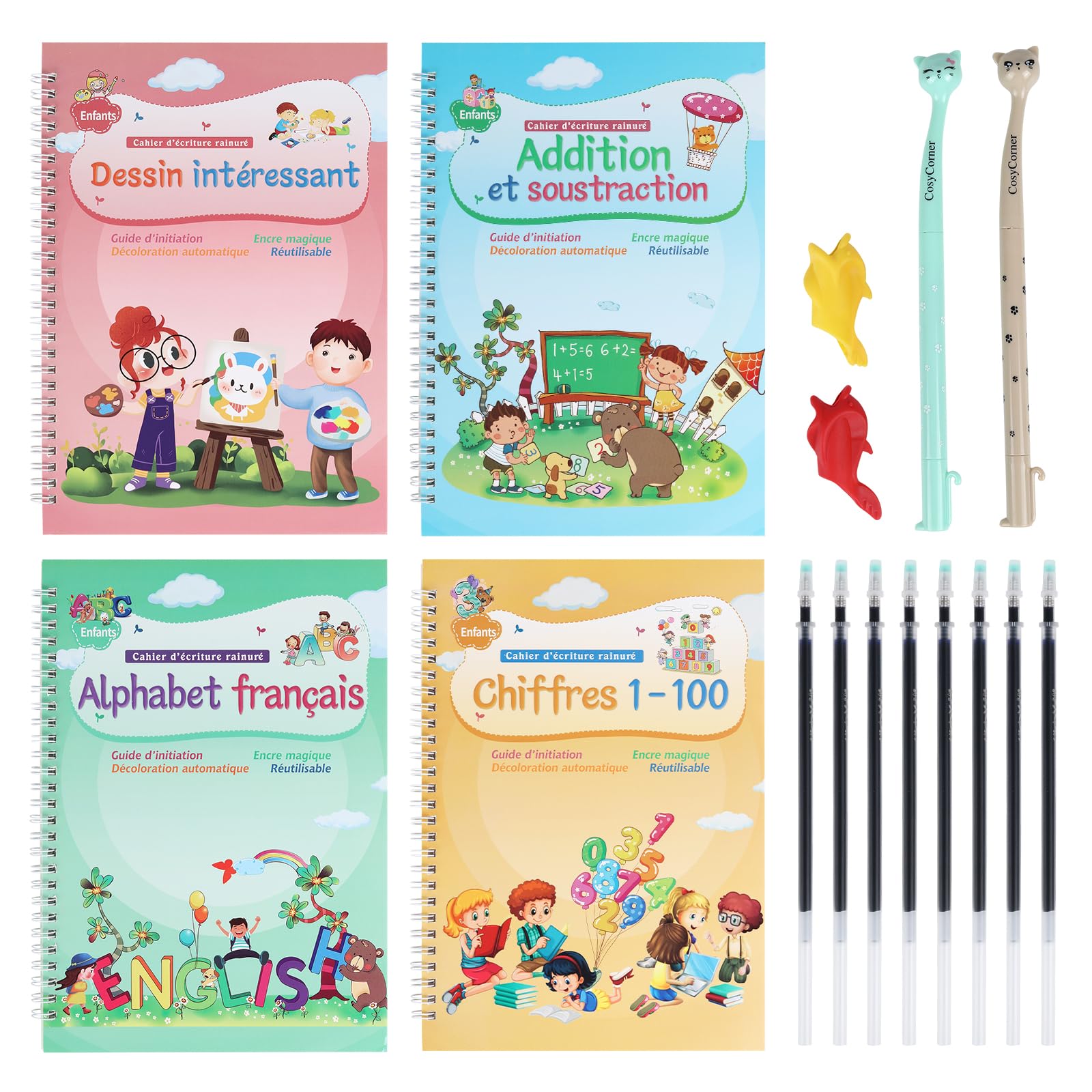 Cahiers d'écriture réutilisables à l'encre magique pour enfants - Pour enfants d'âge préscolaire - Modèle de rainures - Aide à l'écriture manuscrite - Version élargie - 4 livres + stylos