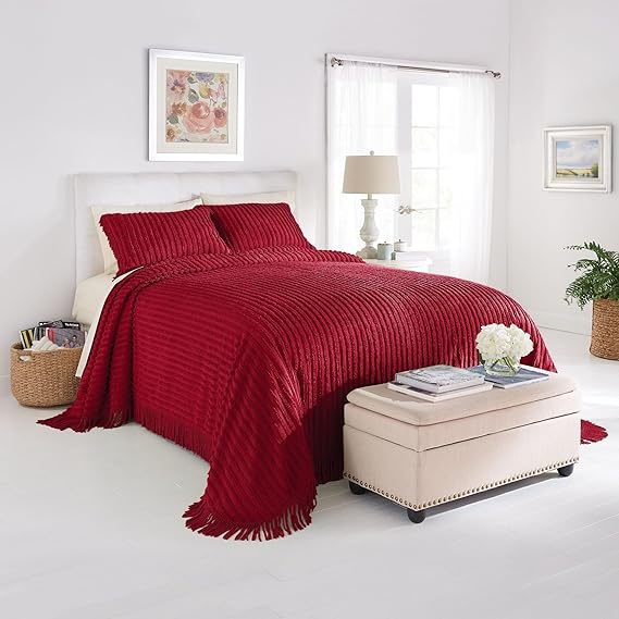 BrylaneHome Oversized Extra Wide Cotton Chenille Bedspread with Fringed Hems - King, Burgundy