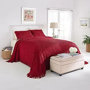 BrylaneHome Oversized Extra Wide Cotton Chenille Bedspread with Fringed Hems - King, Burgundy