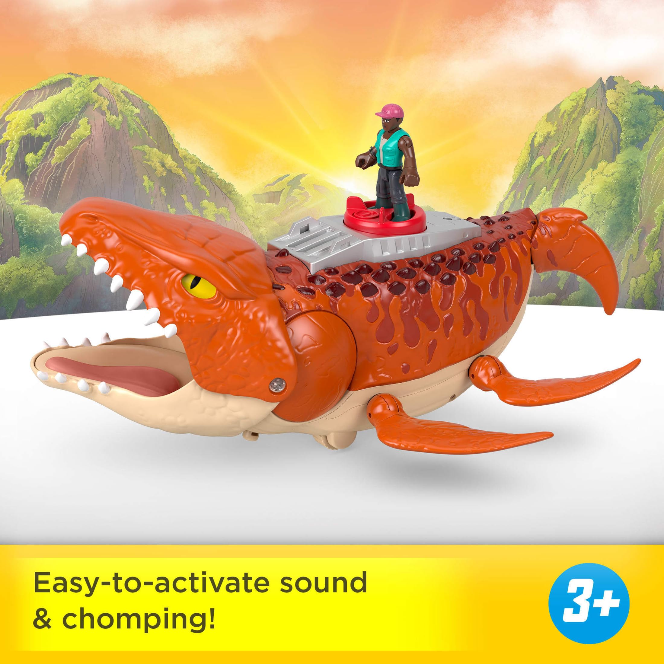 Fisher-Price Imaginext Jurassic World Rebirth Aquachomp Chase Mosasaurus 18-inch Dinosaur Toy with 3-inch Action Figure, Launcher Boat & 2 Projectiles