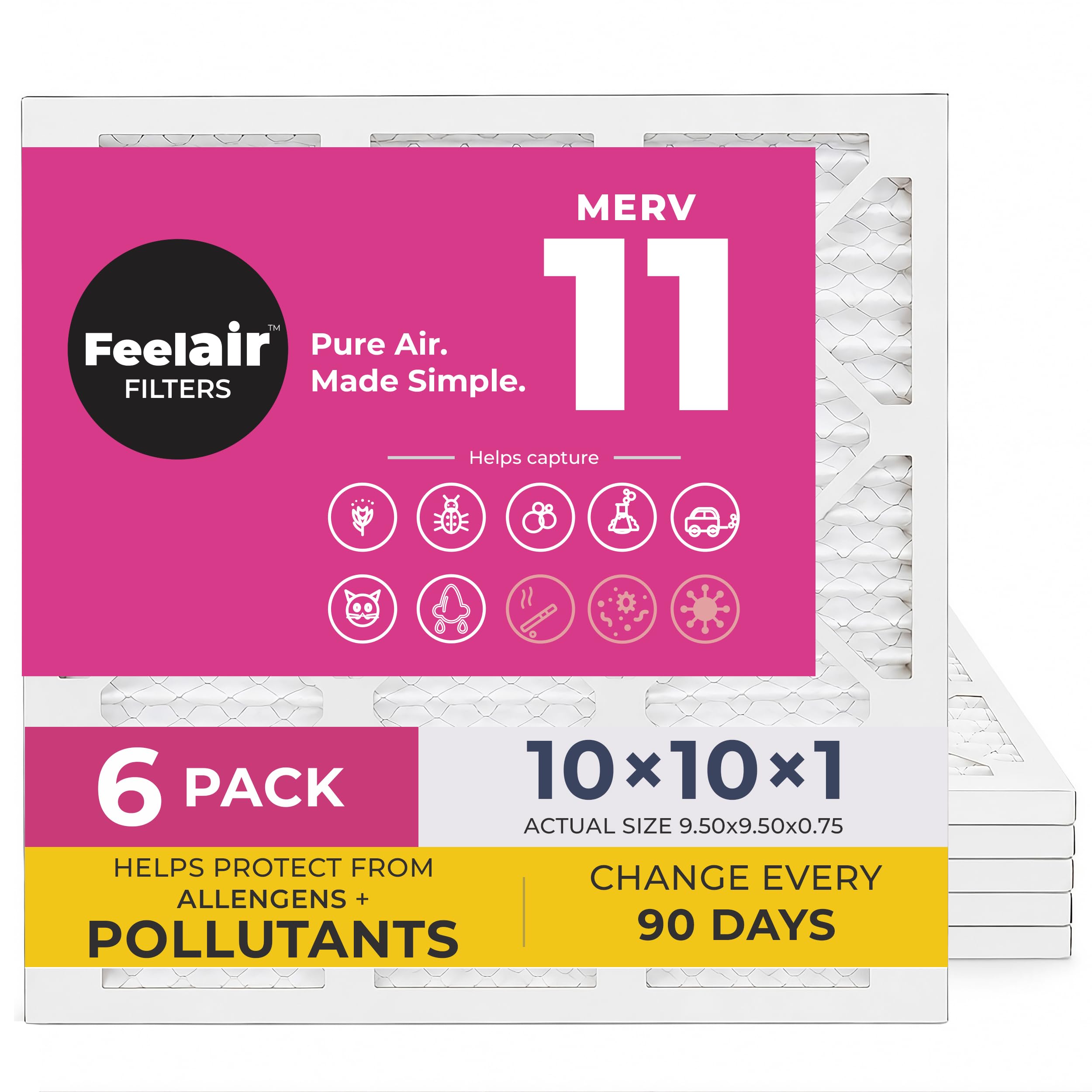 Feelair 10x10x1 Air Filter, Merv 11, MPR 1000, 6 Pack, Furnace Air Filter for HVAC (Actual Size 9.50"x9.50"x0.75") DUST, Pet, & Allergy Control