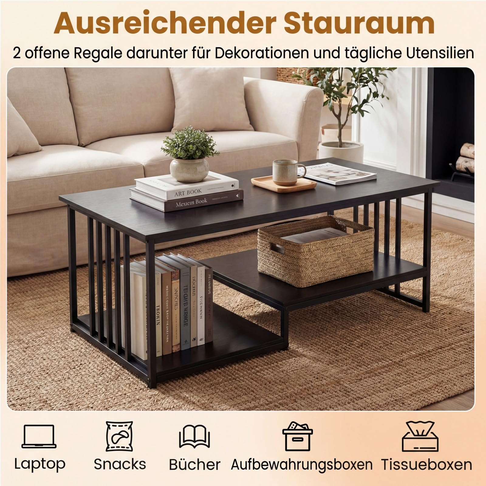 COSTWAY Couchtisch, Wohnzimmertisch 3 Ebenen mit robustem Metallgestell, Industrie-Design, rechteckiger Kaffeetisch 110 x 60 x 45 cm, Sofatisch für Wohnzimmer & Büro (Schwarz)