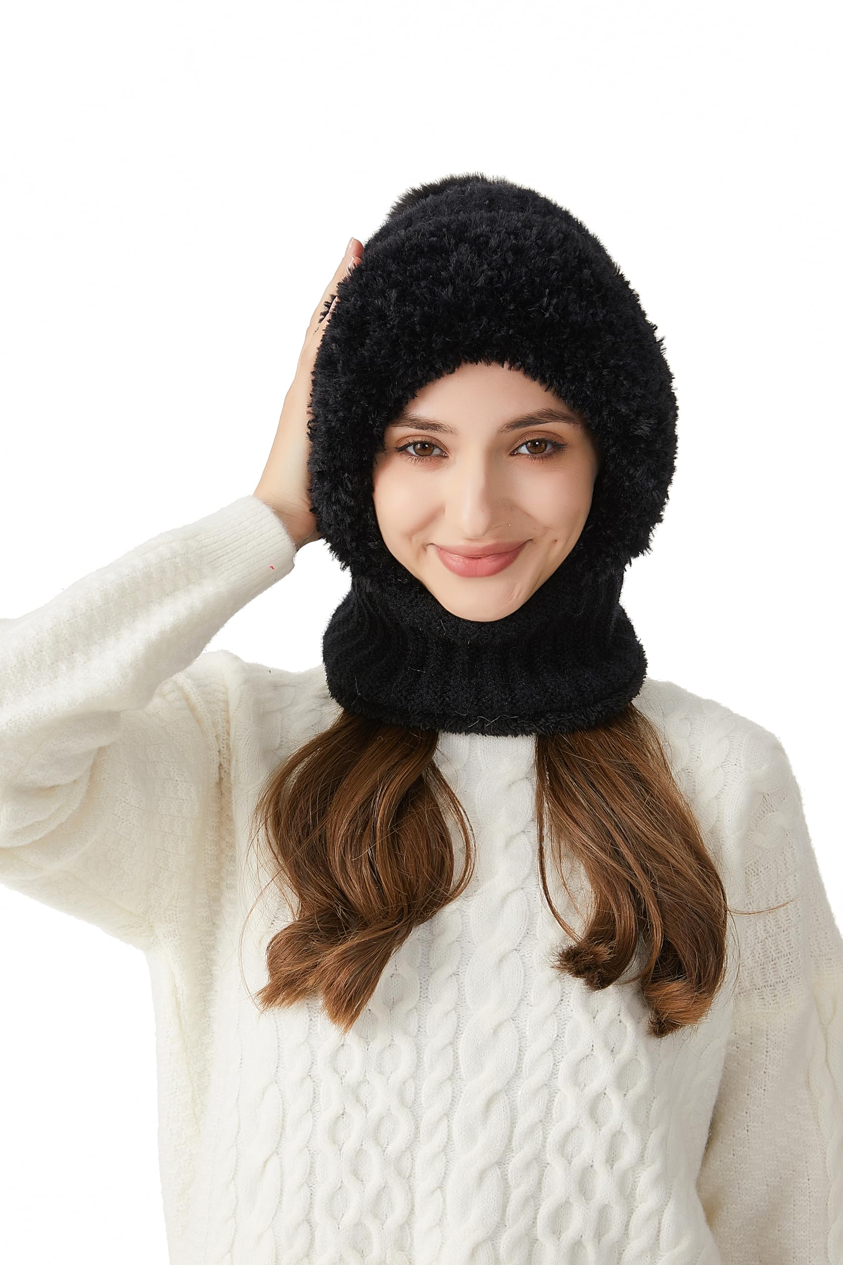 Gorro con pompón for mujer, bufanda, forro polar cálido de invierno, capucha y resistente al viento