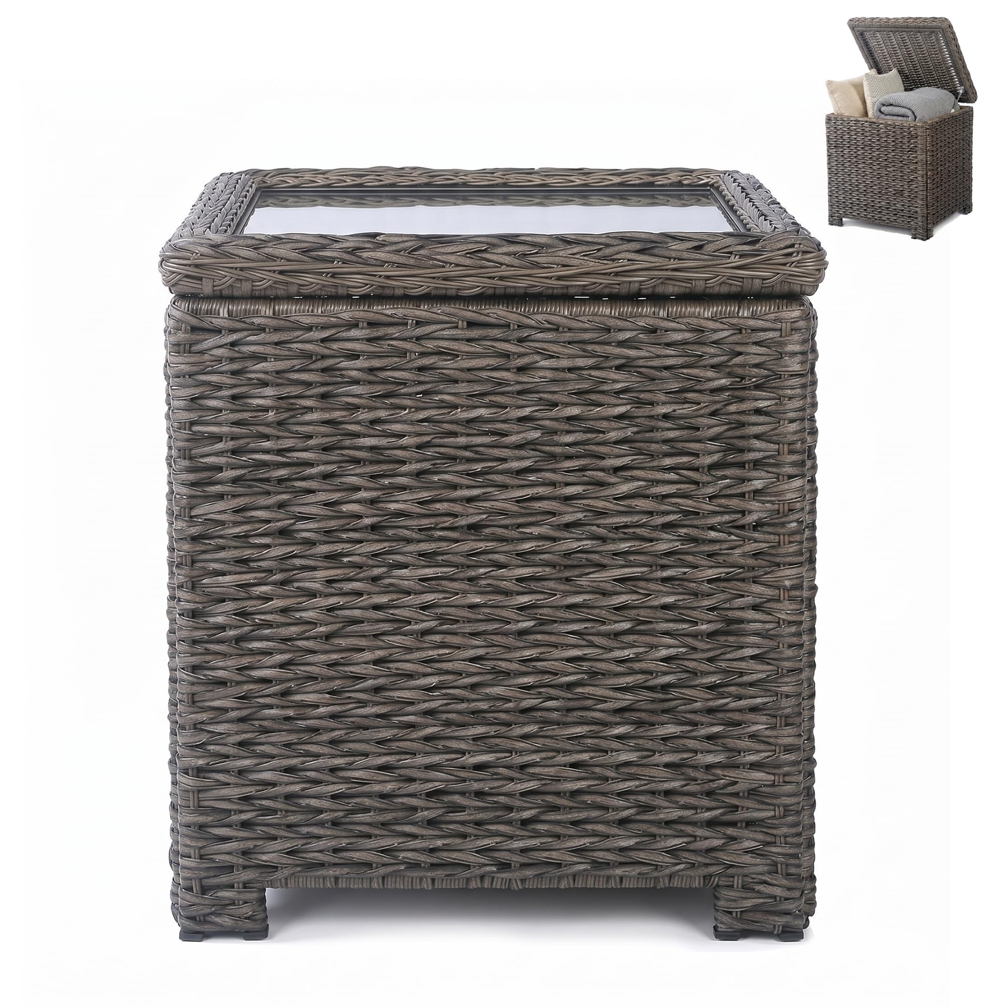 Aviina Rattan Storage Garden Side Table, Square Coffee Table with Tempered Glass Flip Top, Handwoven HDPE Wicker Outdoor Table for Patio, Dark Brown