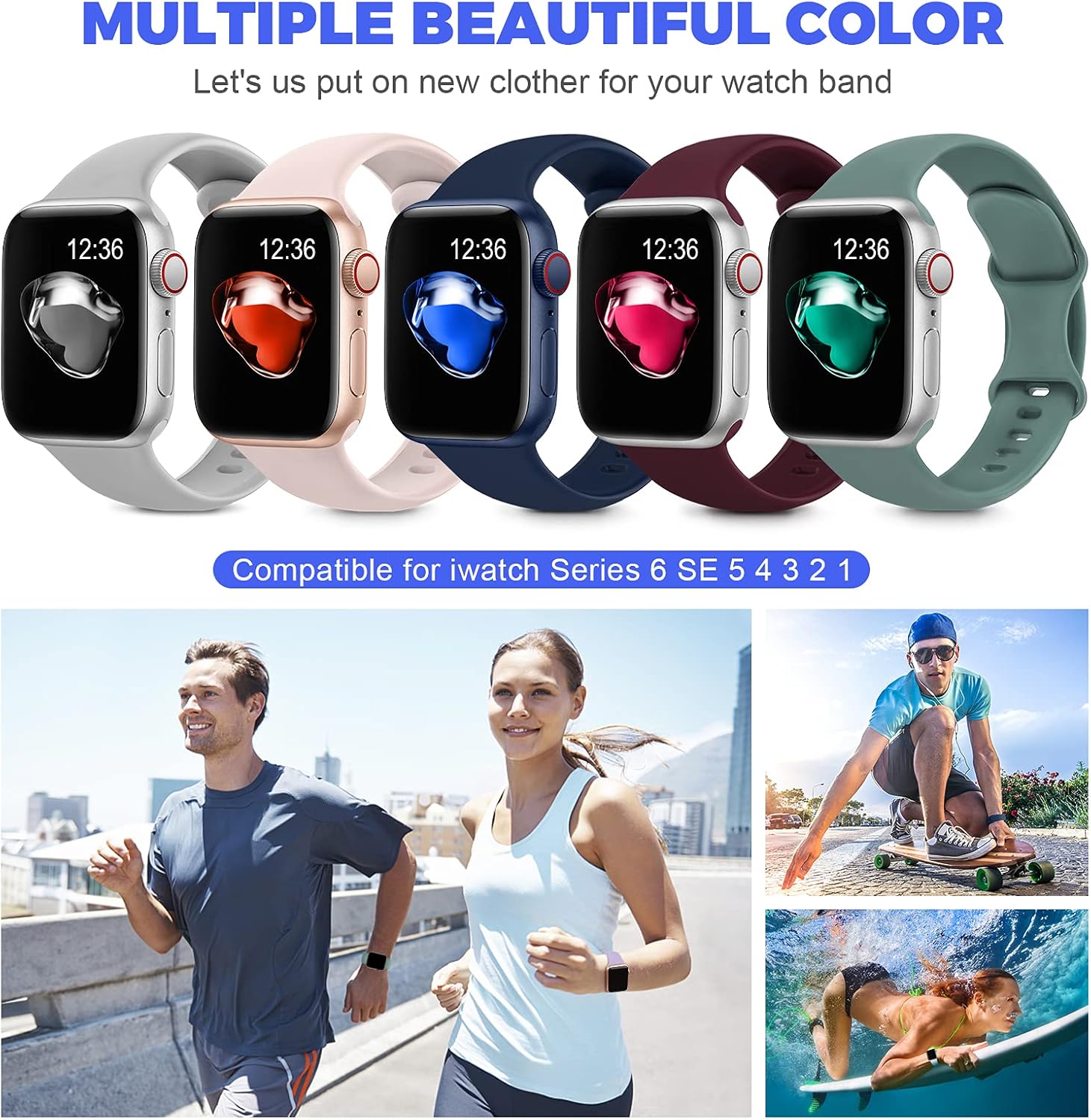 2 Pack Sport Silicone Bands Compatible with Apple Watch Bands 42mm 44mm 45mm Women Men, Soft Silicone Replacement Strap Band Compatible for iwatch Series 7 6 SE 5 4 3 2 1(42MM/44MM,Pink+Purple) : Cell Phones & Accessories