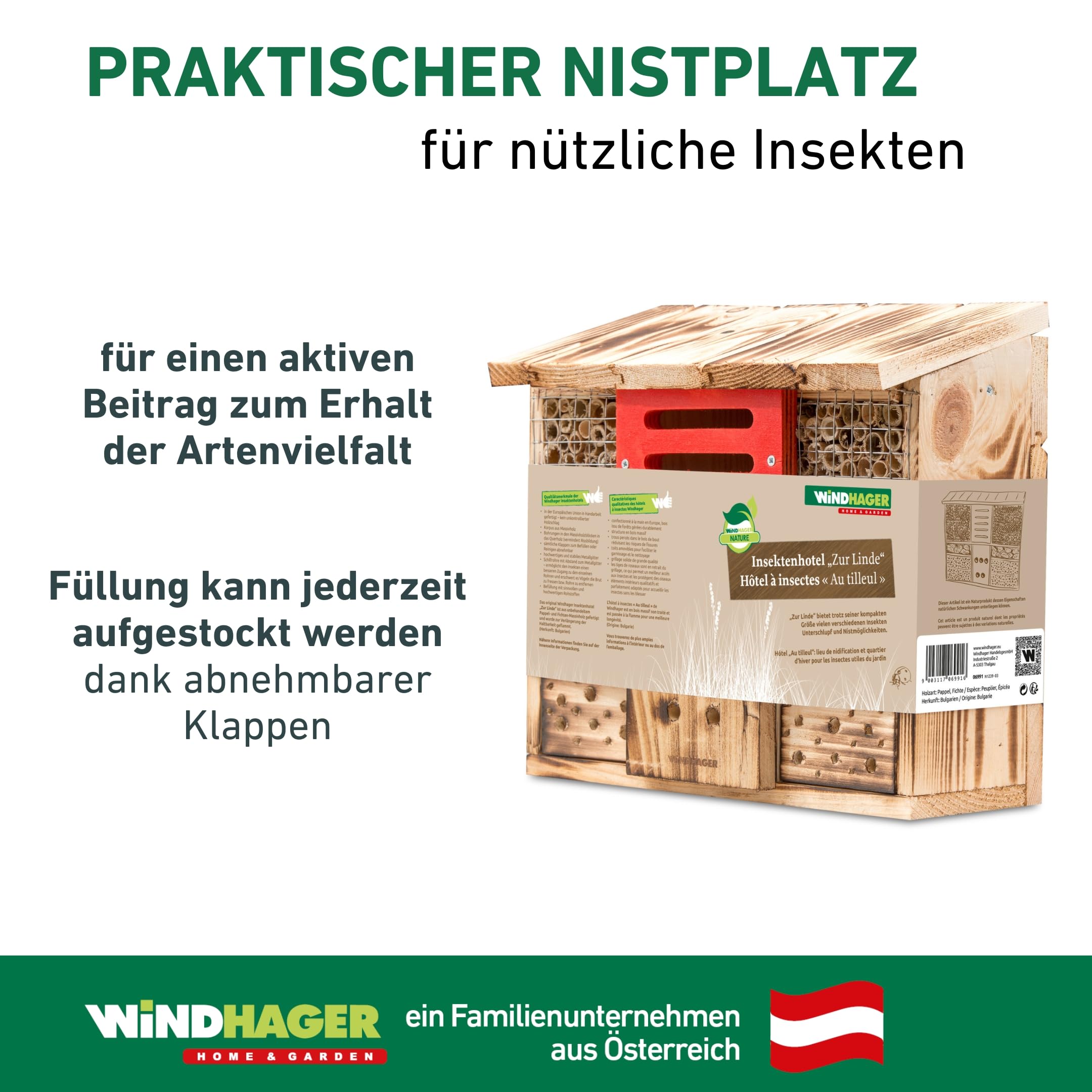 Windhager Insektenhotel ZUR LINDE, Insektenhaus Nistplatz Brutplatz, Schutz für viele Insekten, 13,5 x 30 x 27 cm