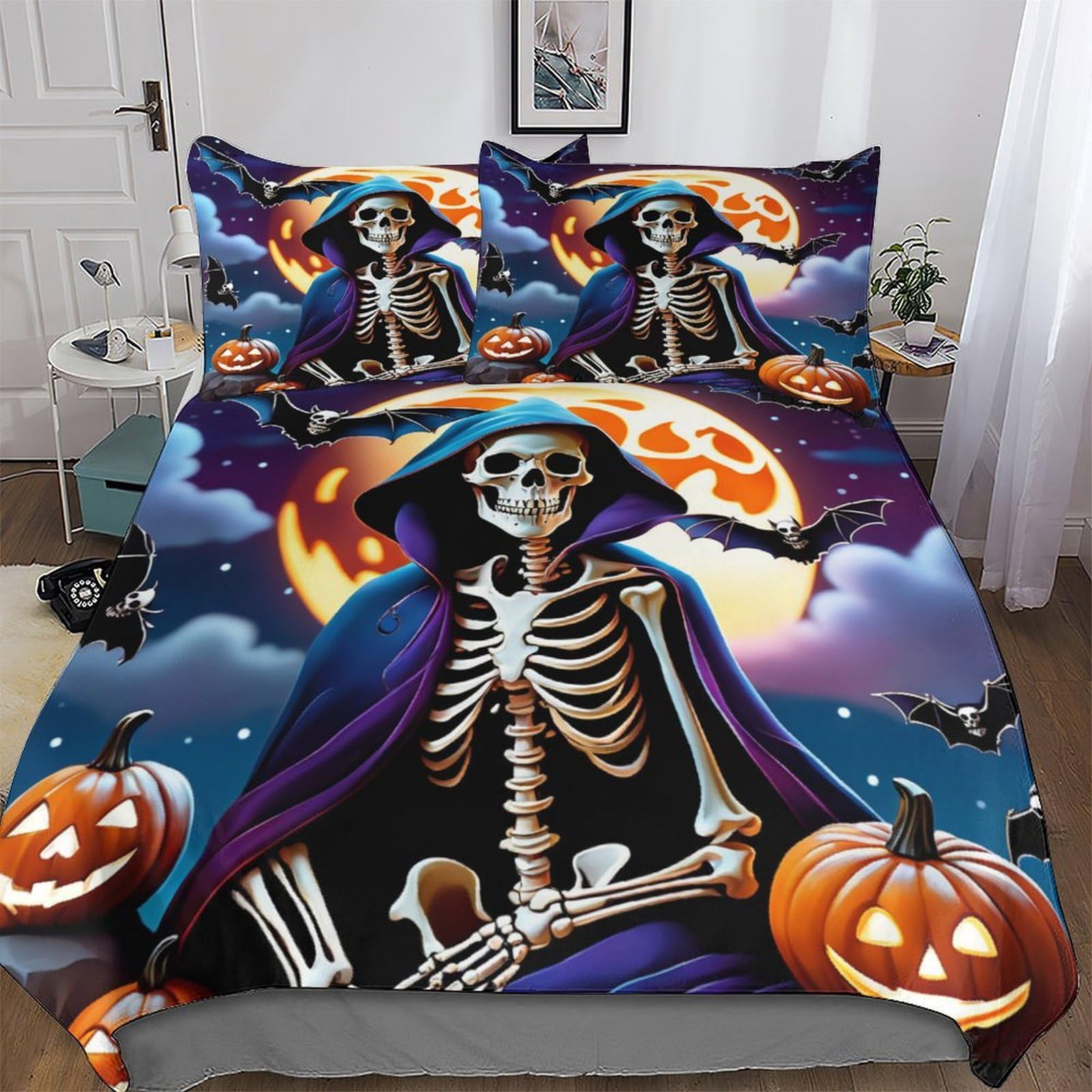 PAZZK Halloween Skeleton 3D Printed Duvet Cover Set with Pillowcase Soft Microfiber Bedding Set Comforter Cover for Adults Teenager Kids 3Pcs with Zipper Closure Quilt Covers King (220x240cm)