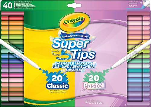 CRAYOLA SuperTips Washable Markers - Classic & Pastel Colours (Pack of 40) | Premium Felt Tip Pens That Can Easily Wash Off Skin and Clothing | for Ages 3+